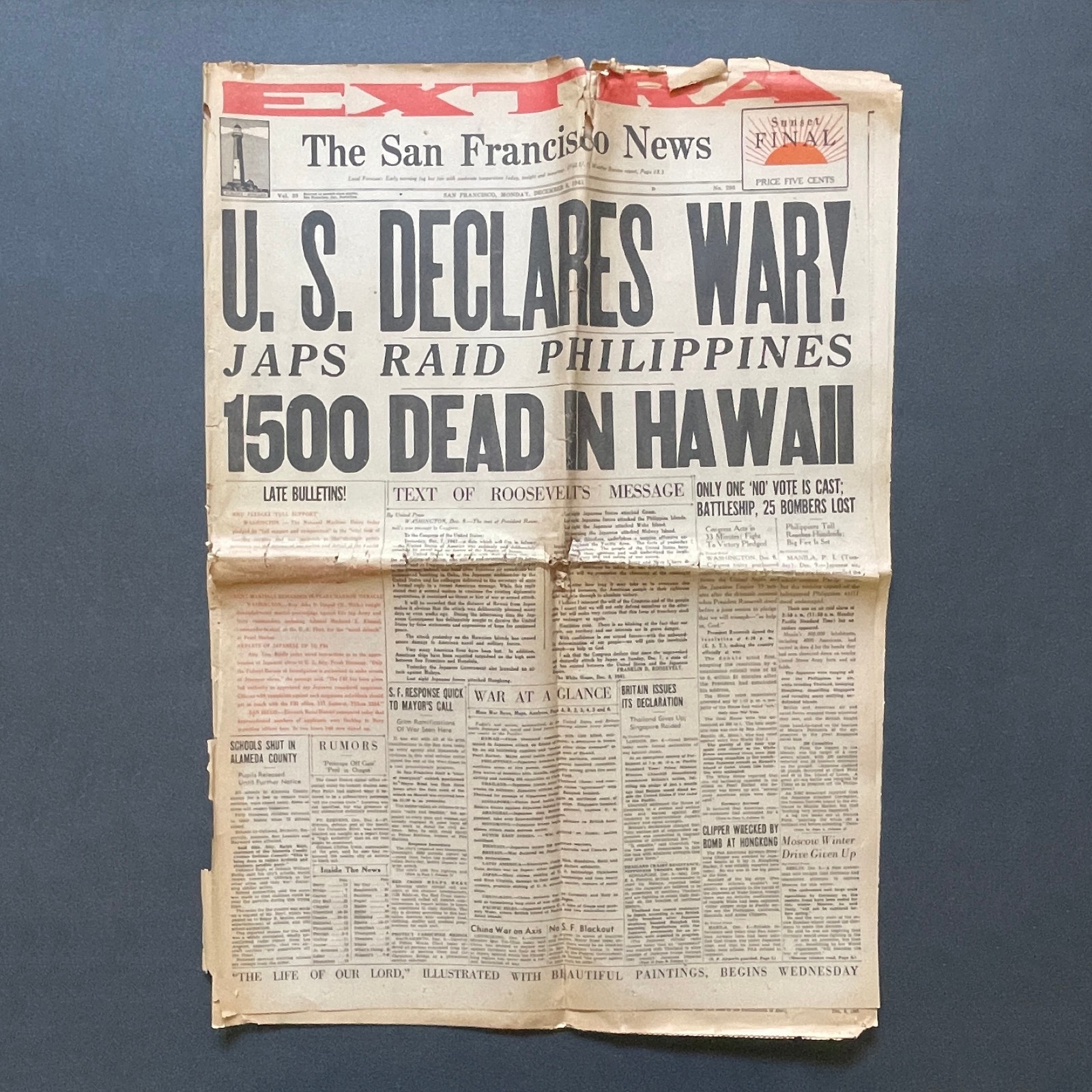 ORIGINAL Dec 8 1941 San Francisco News Newspaper • Japan Attacks Pearl Harbor
