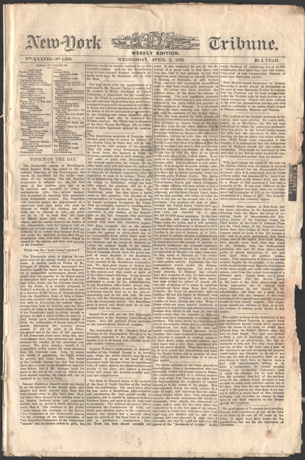 1879 April 2nd NEW YORK TRIBUNE antique weekly edition newspaper POLITICS & ADS