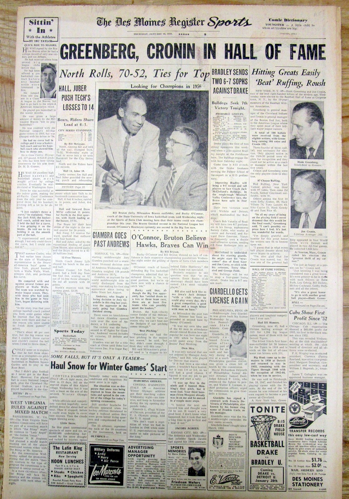 1956 headline newspaper HANK GREENBERG & JOE CRONIN ENTER BASEBALL HALL OF FAME