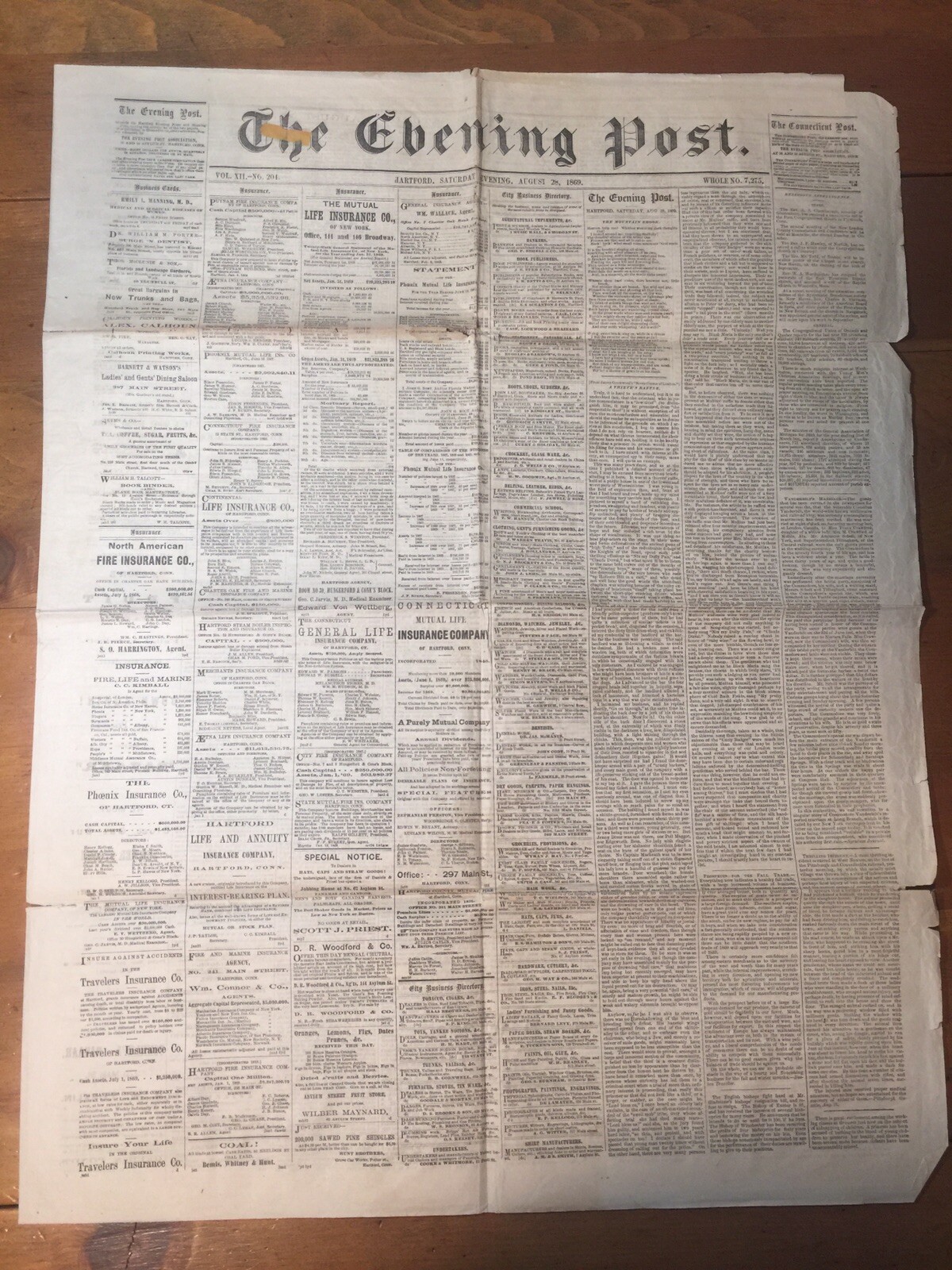 1869 NEWSPAPER THE EVENING POST 1800s HARTFORD CONNECTICUT RAILROAD TRADES ADS