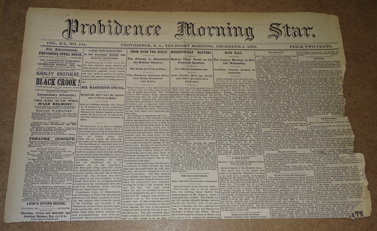Providence Newspaper Dec 4, 1879 – Baseball League Meeting, Russian Emperor, etc