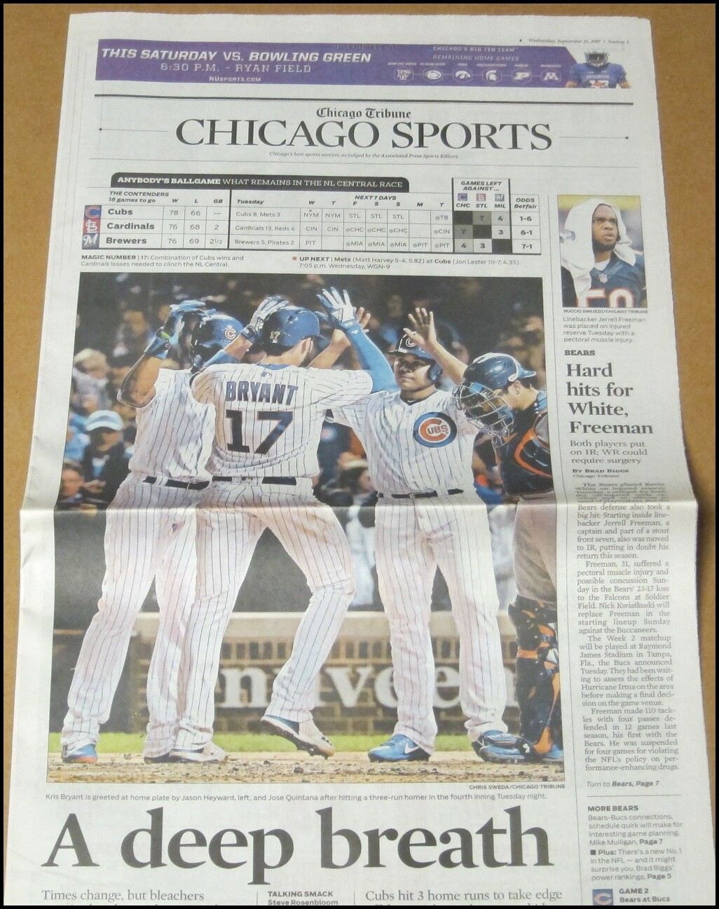 9/13/2017 Chicago Tribune Newspaper Kris Bryant Home Run Cubs v Mets Koji Uehara