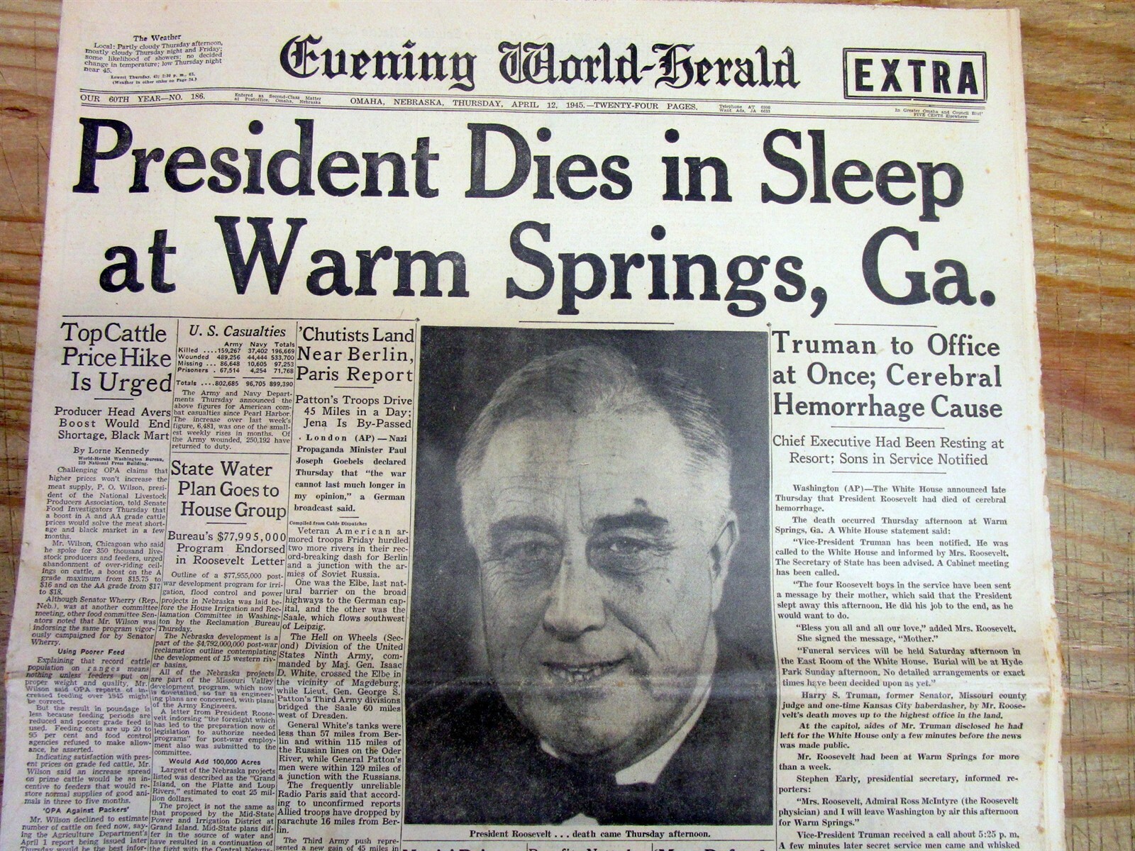 1945 OMAHA NE “same day” headline newspaper PRESIDENT FRANKLIN ROOSEVELT DEAD