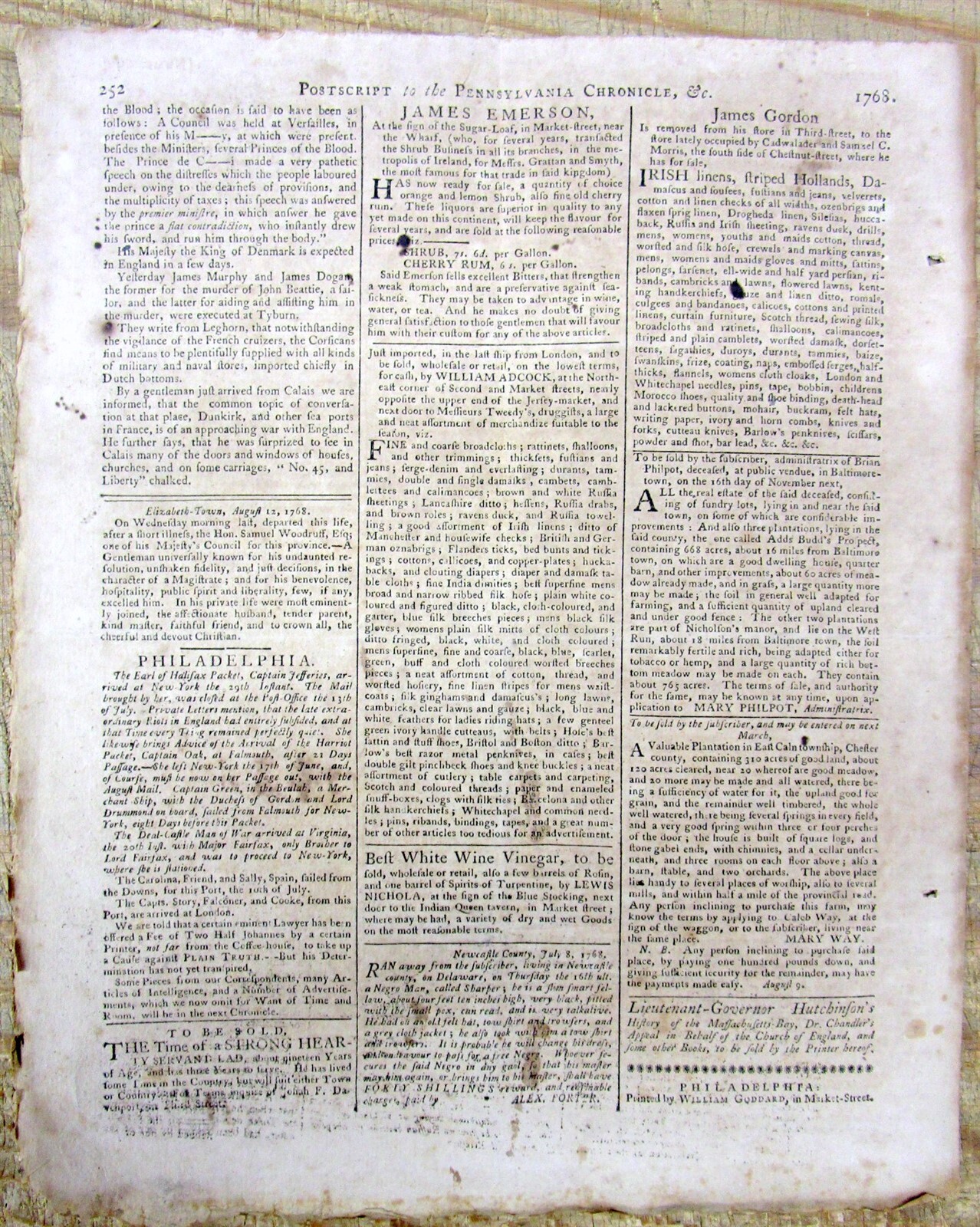 1768 REVOLUTIONARY WAR newspaper “EXTRA” RUNAWAY SLAVE AD Newcastle Co DELAWARE