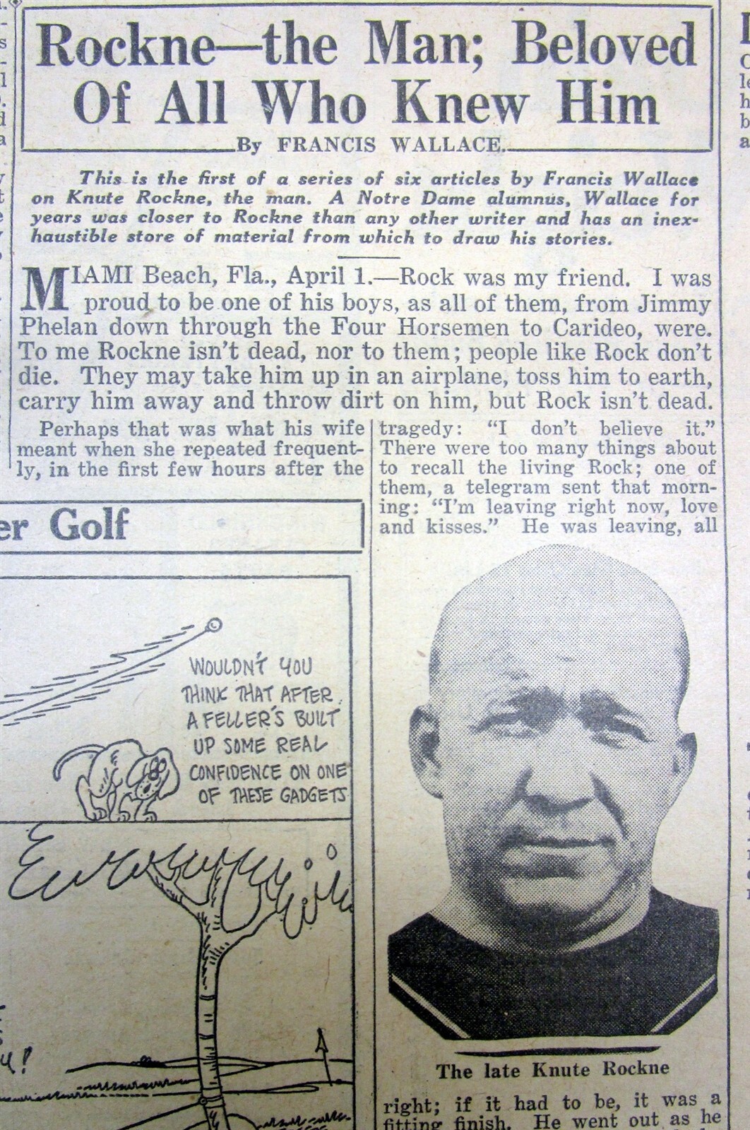 Apr 1931 newspaper Notre Dame football coach KNUTE ROCKNE KILLED in PLANE CRASH