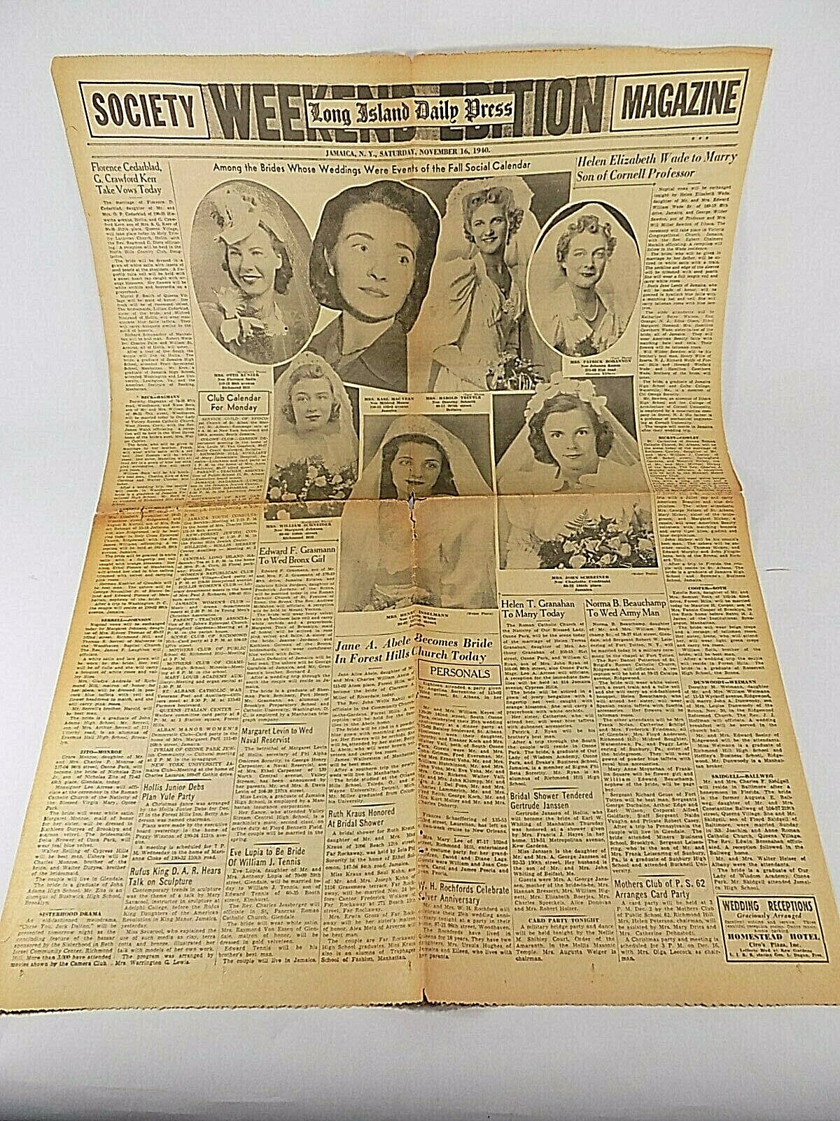 ANTIQUE NEWSPAPER Section LONG ISLAND DAILY NEWS SOCIETY MAGAZINE Nov. 16, 1940