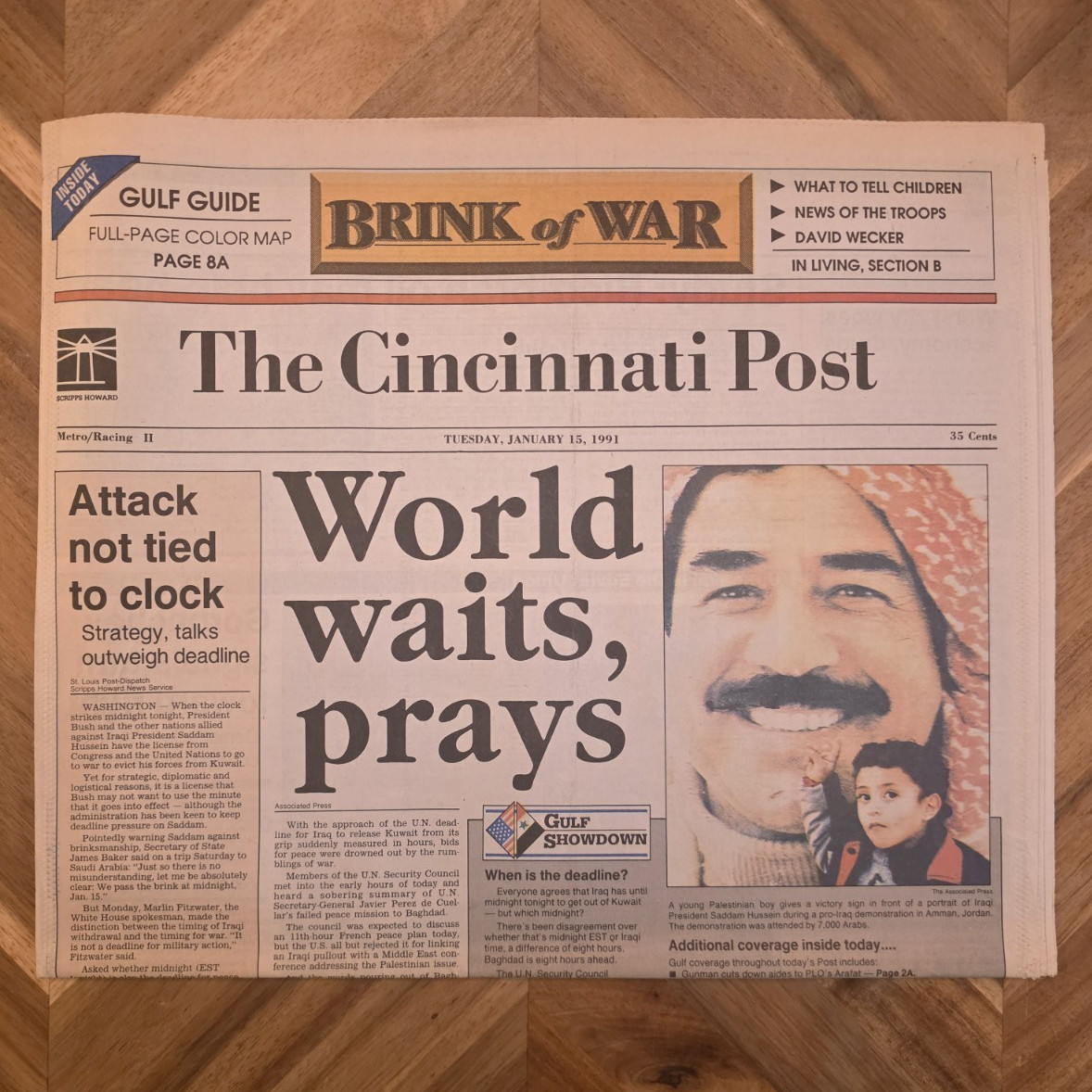 The Cincinnati Post Newspaper Jan 15 1991 – “Brink of War” Gulf War Headline