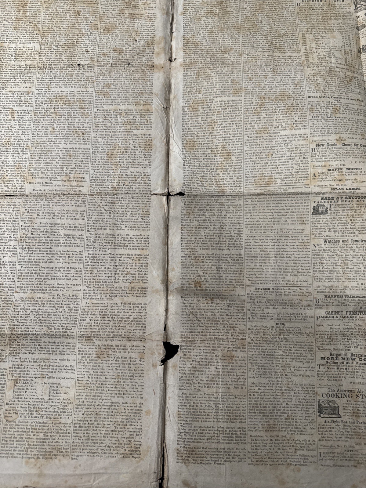 1846 NEWSPAPER Windam County Democrat MON NOV 23 Brattleboro Vt THOMAS H BENTON