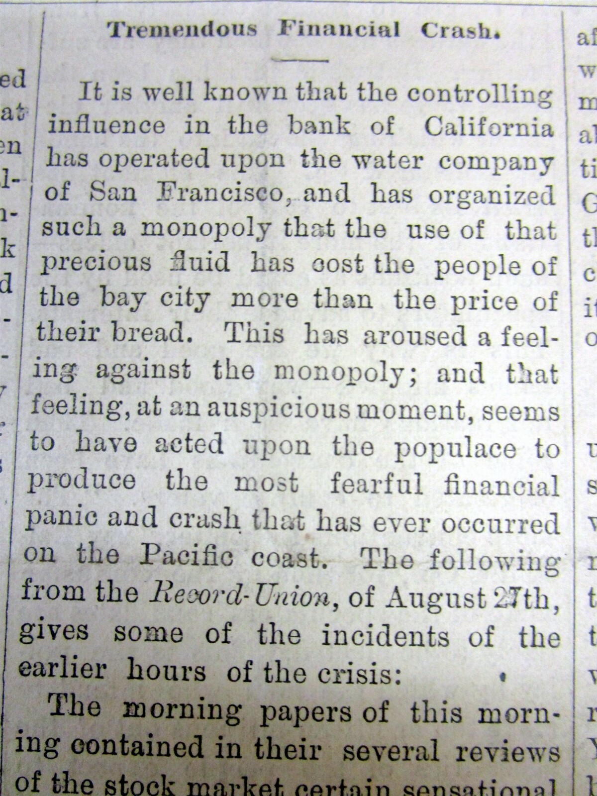 Rare 1873 VISALIA California newspaper broadside “extra” CALIFORNIA BANK FAILURE