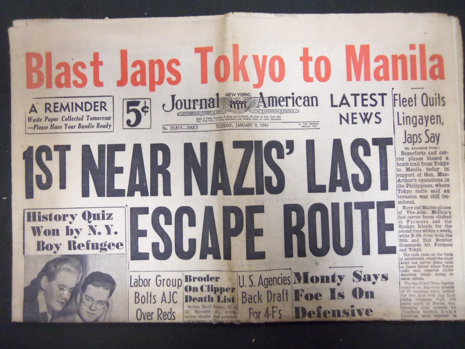 1945 JAN 9 NEW YORK JOURNAL AMERICAN – 1ST NEAR NAZIS’ LAST ESCAPE ROUTE-NP 2292