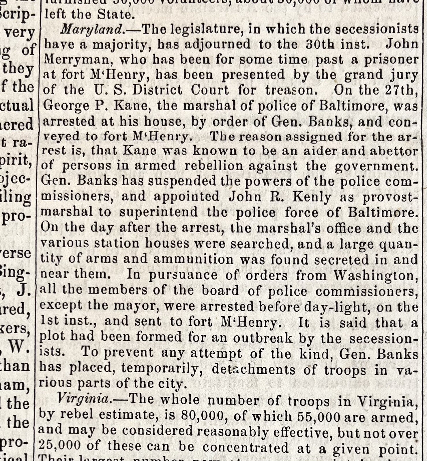 1861 newspaper ABE LINCOLN OCCUPIES MARYLAND Confederate Sympathizers Arrested