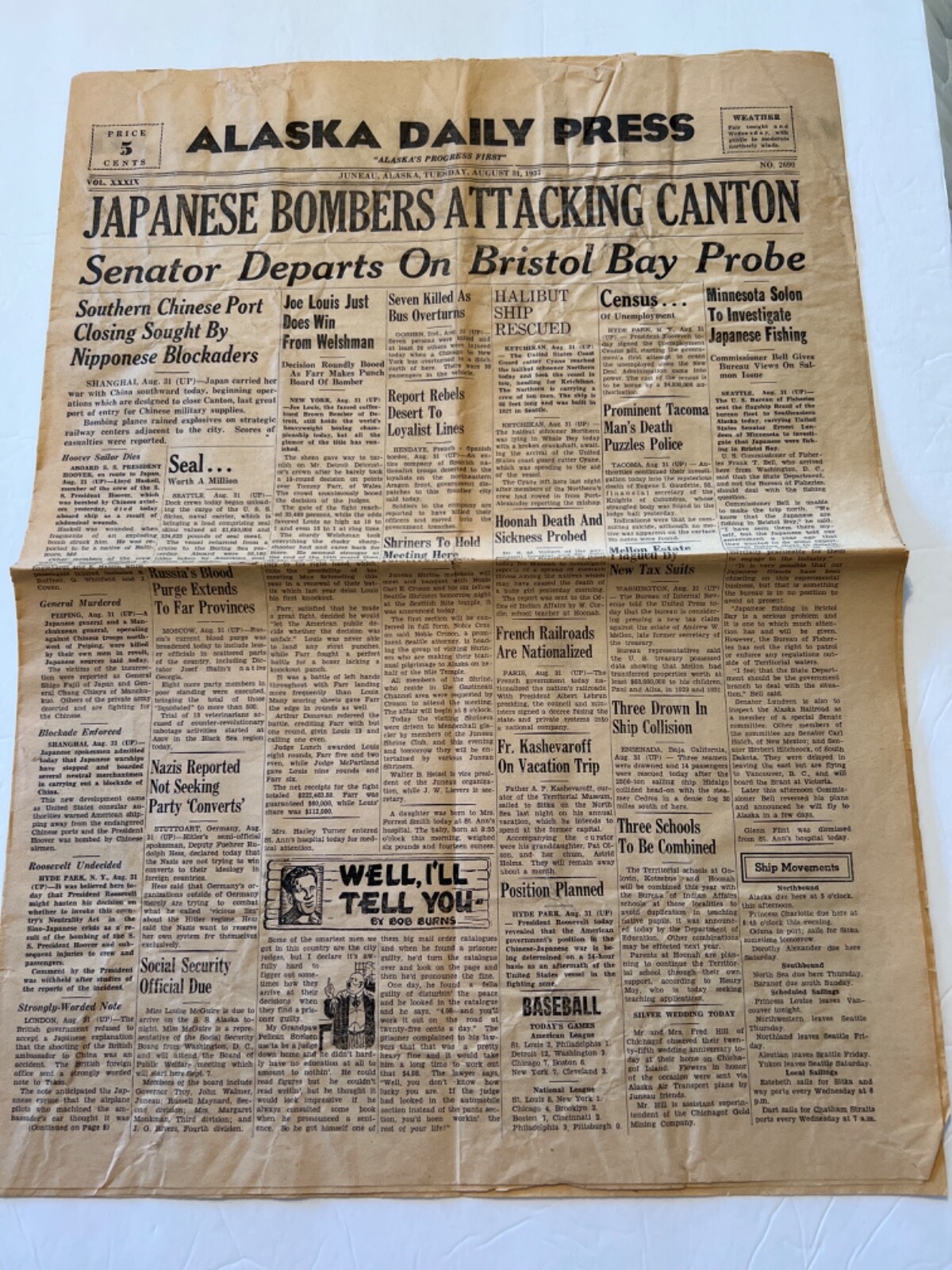 Alaska Daily Press August 31, 1937, WW II Japan
