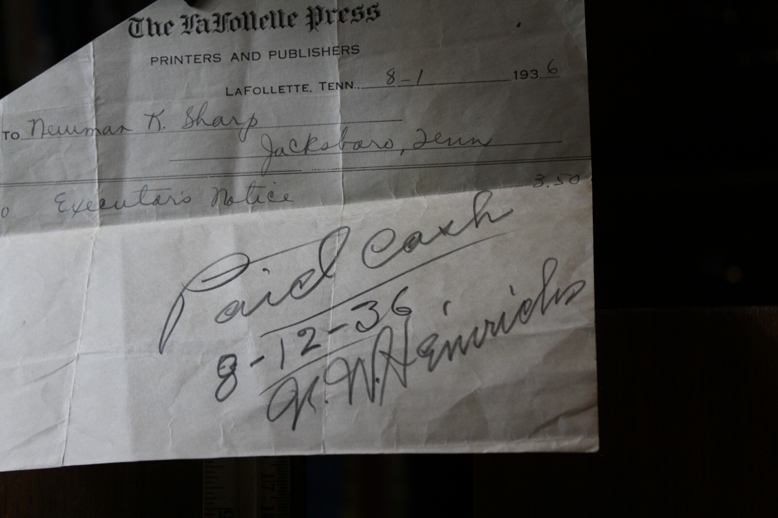 1936 Receipt The LaFollette Press Tennessee
