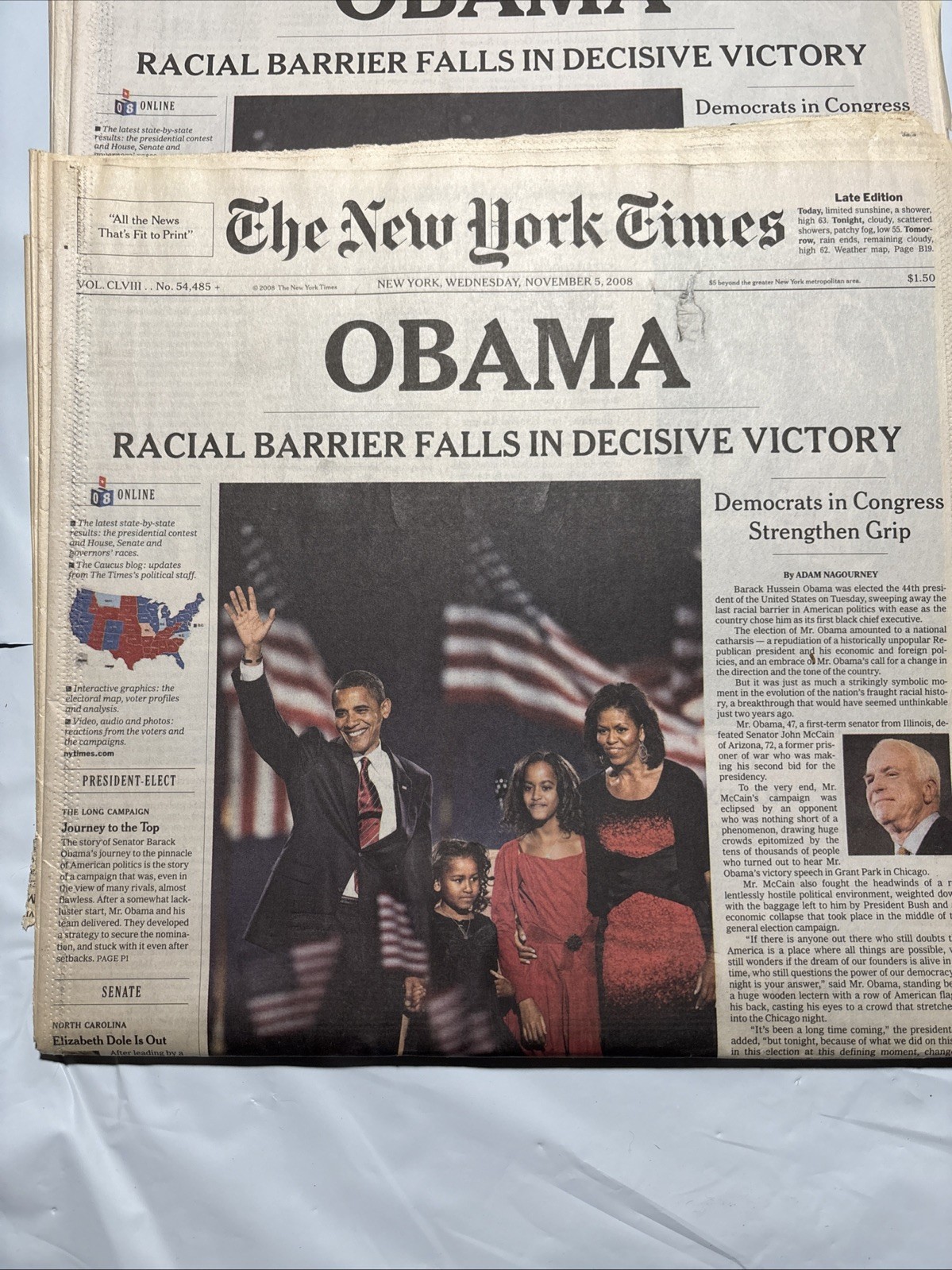 Obama Election Win Lot Of 3 Copies New York Times Newspaper Issue Nov. 5th 2008