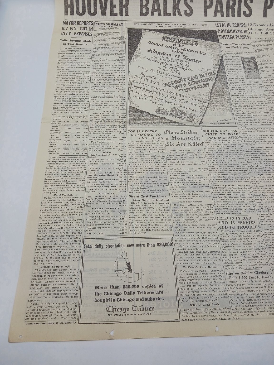 July 1931 Chicago Tribune Hoover Paris Plan Plane Crash Newspaper Page