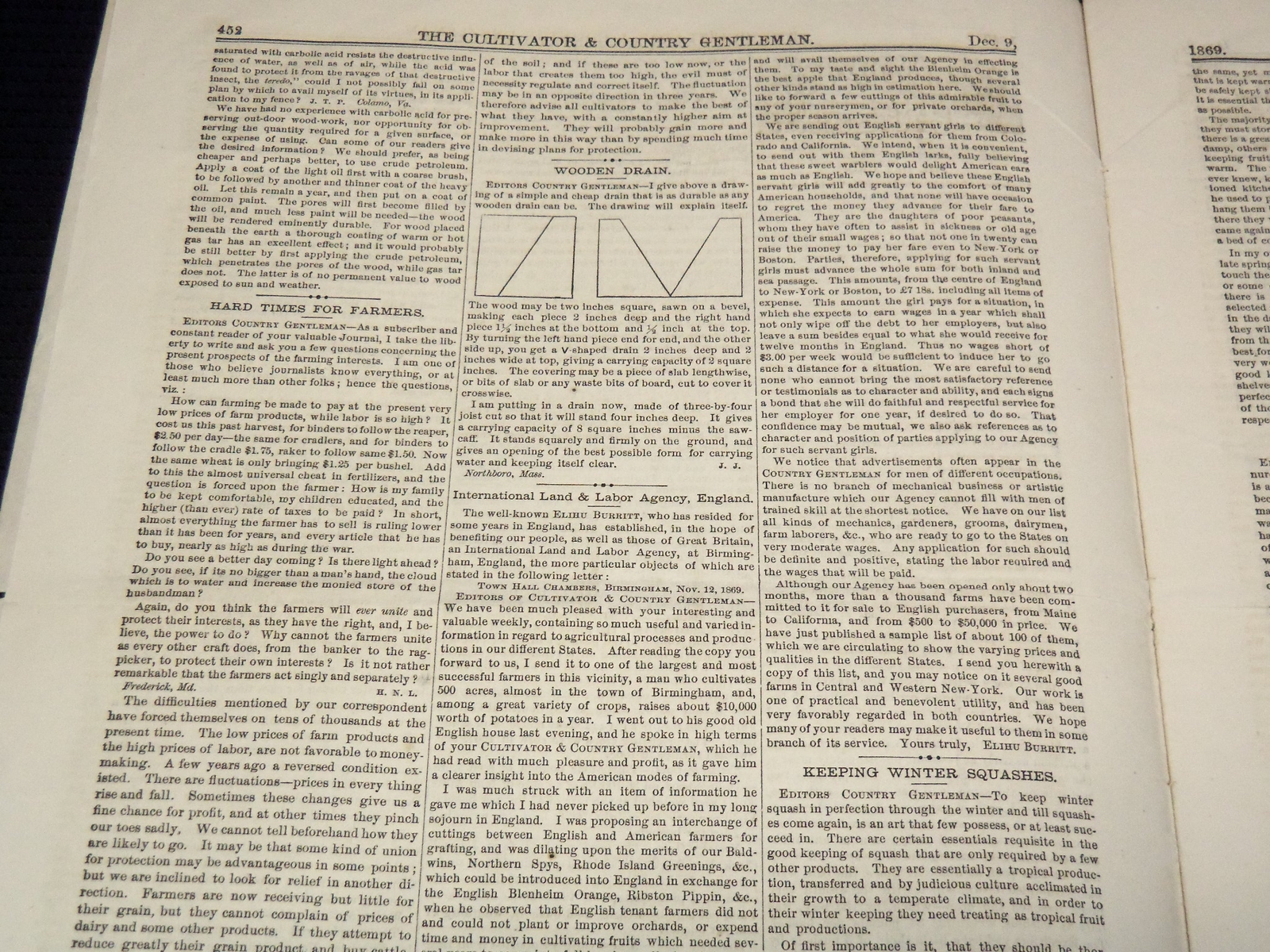 1869 DECEMBER 9 THE CULTIVATOR COUNTRY GENTLEMAN MAGAZINE – ALBANY NY – NP 4252Q