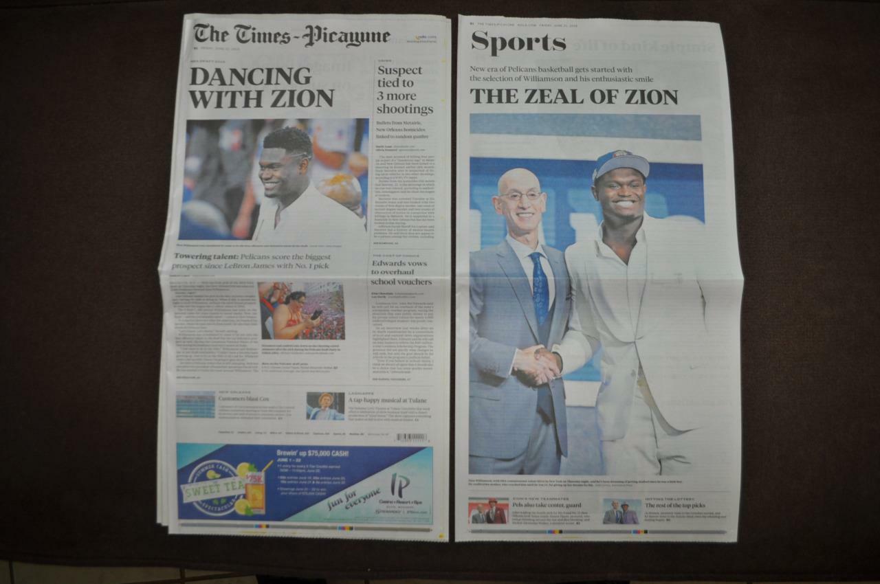 Zion Williamson Pelicans # 1 Draft New Orleans Times-Picayune Newspaper 6/21/19