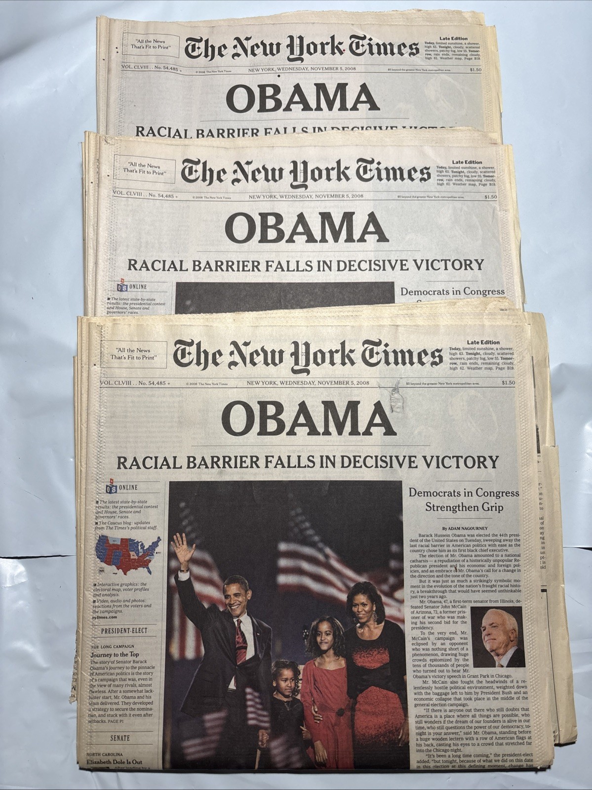 Obama Election Win Lot Of 3 Copies New York Times Newspaper Issue Nov. 5th 2008