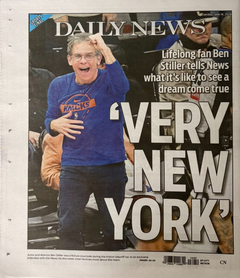 Ben Stiller Die Hard Fan New York Knicks NBA Champions NY Daily News 6/16/2026