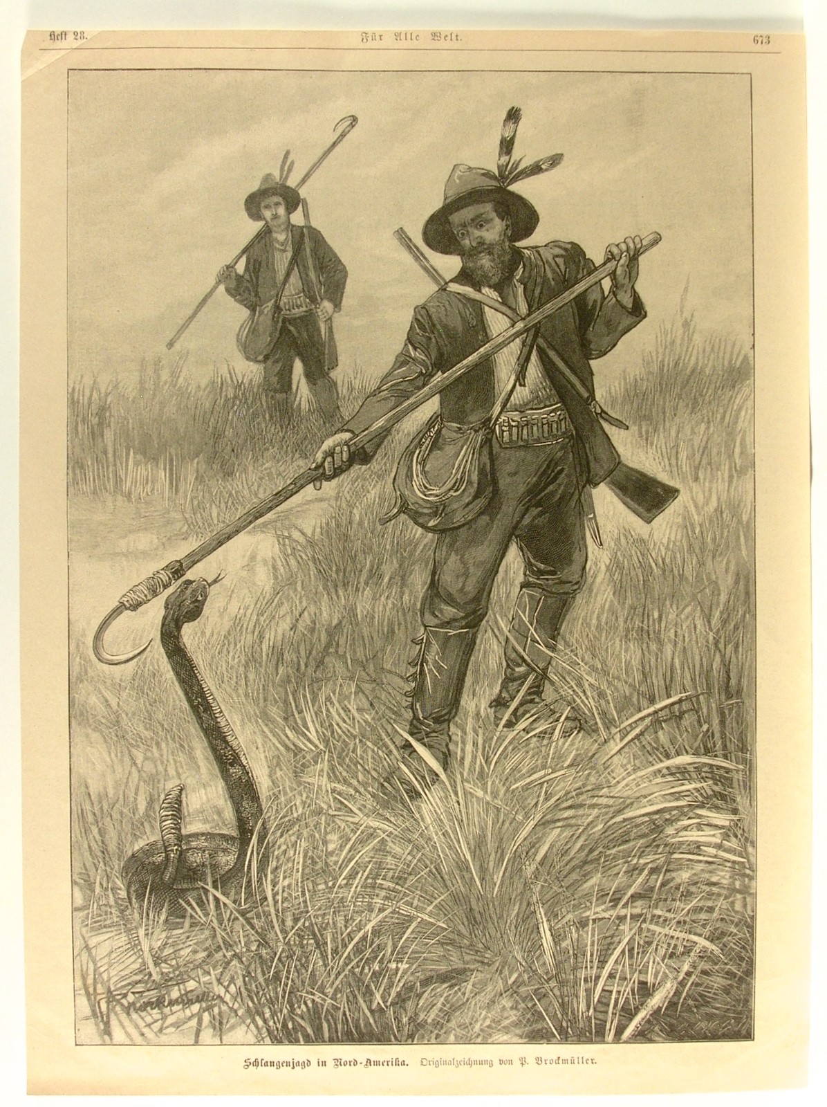 1880s GERMAN WOODBLOCK PRINT by Brodmuller:Snake Hunt in North America«VERY FINE