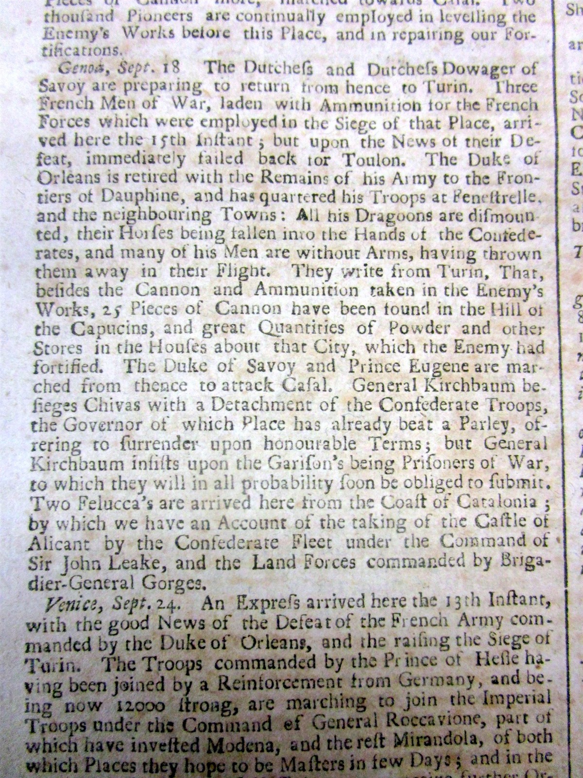 1706 newspaper w SIEGE OF TURIN Italy during The WAR OF THE SPANISH SUCCESSION