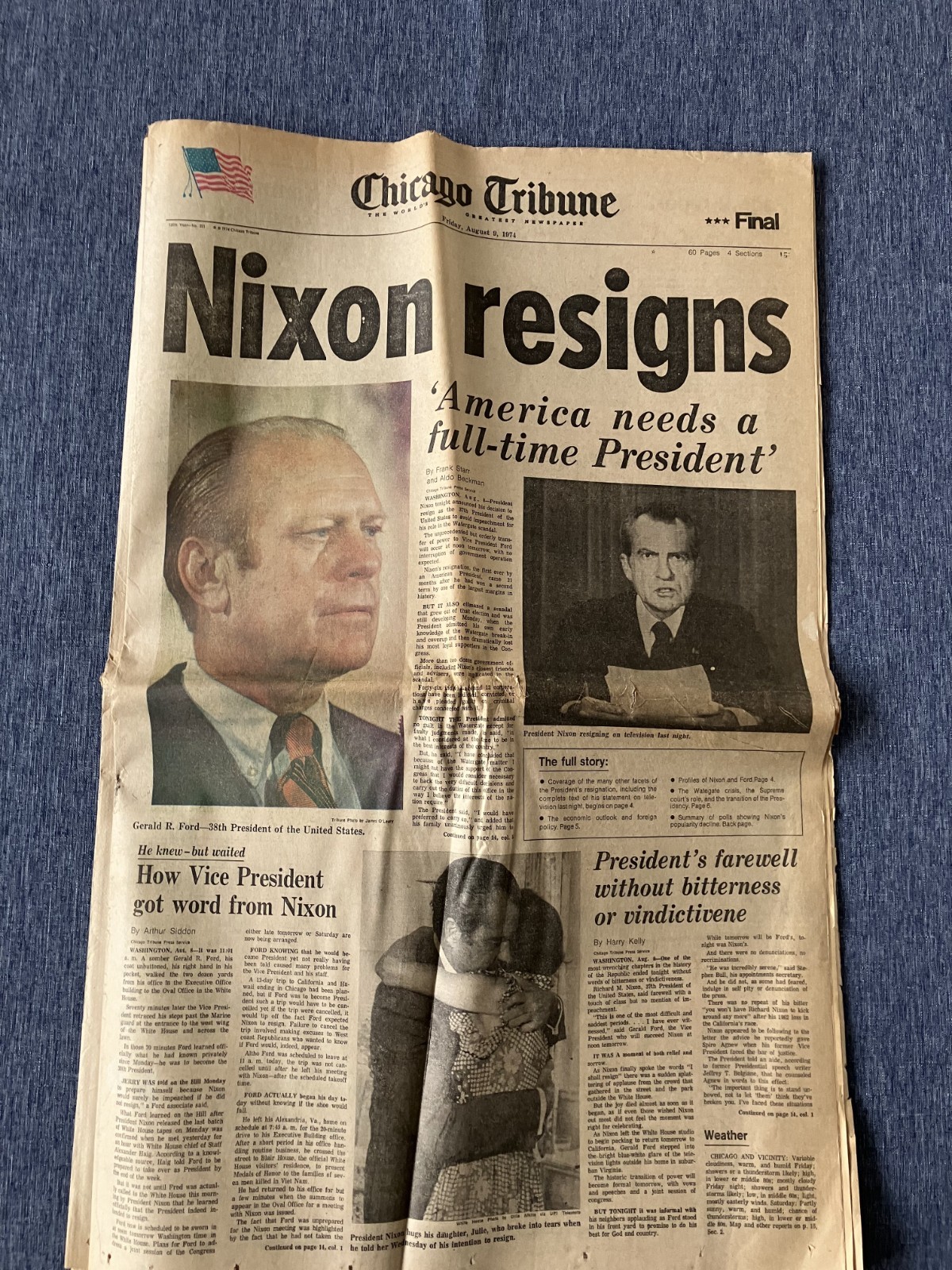 Chicago Tribune Newspaper NIXON RESIGNS August 9. 1974