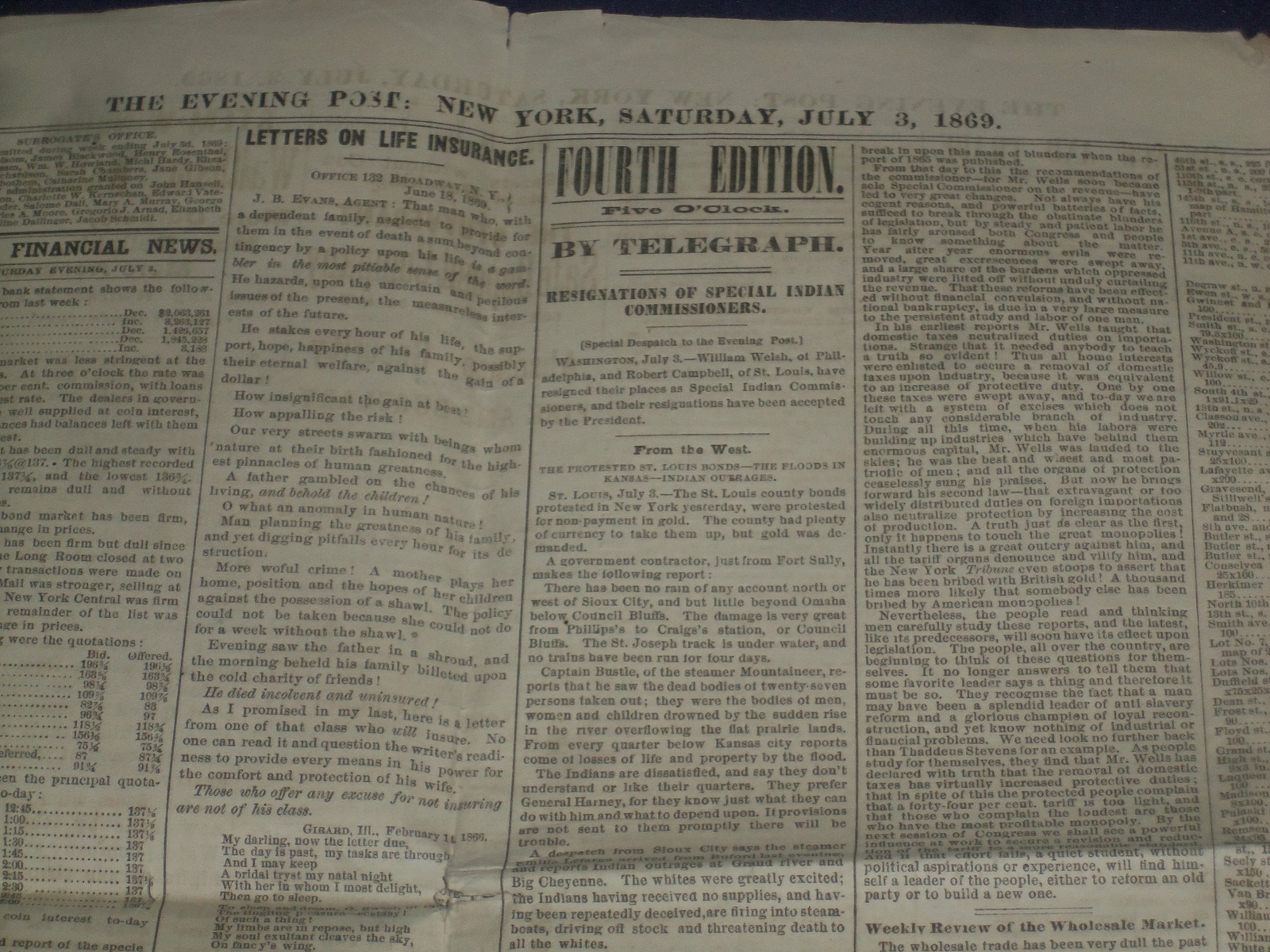 1869 JULY 3 THE SATURDAY EVENING POST NEWSPAPER – CORNELL UNIVERSITY – NP 5054