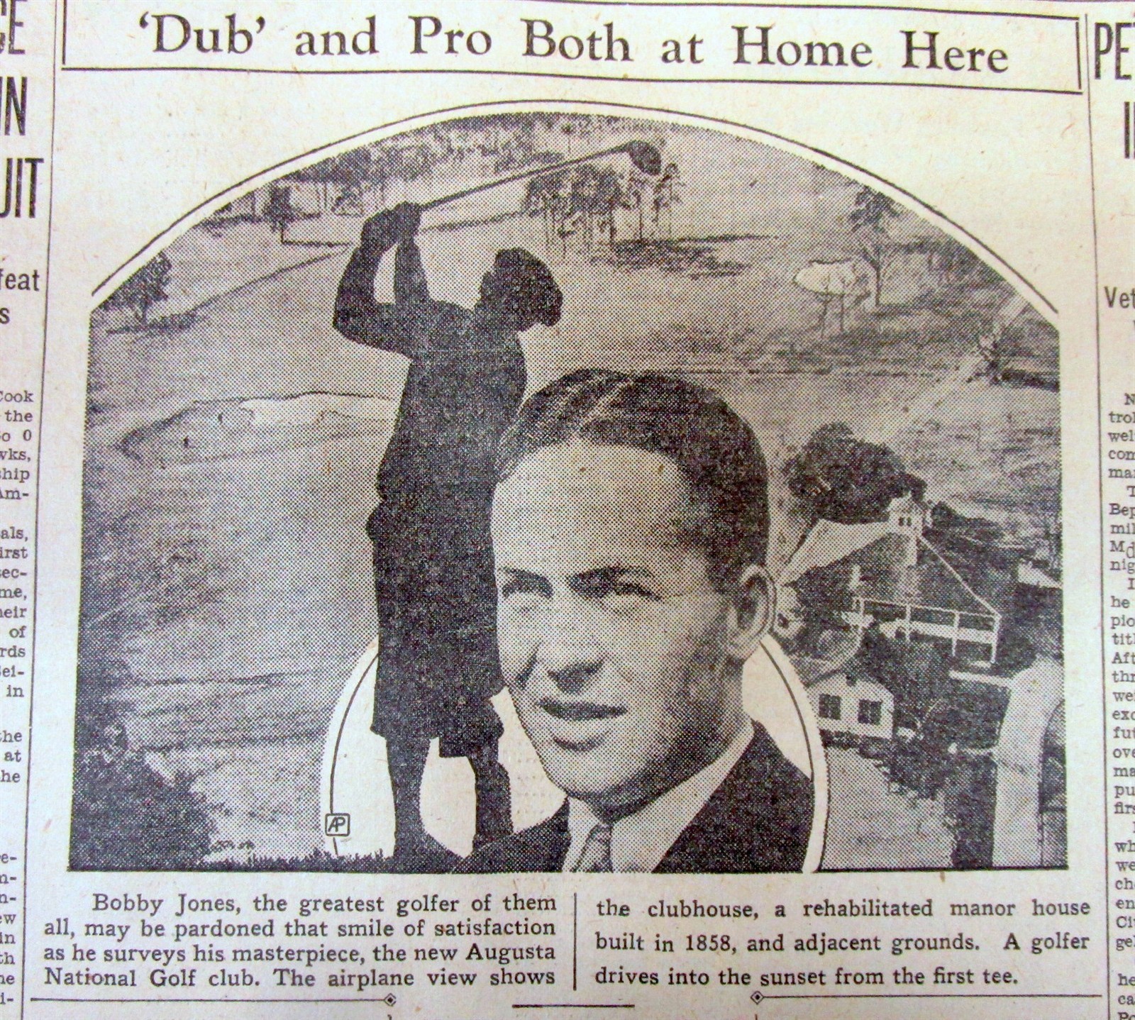 1933 newspaper THE AUGUSTA GOLF COURSE in GEORGIA is FIRST OPENED by BOBBY JONES
