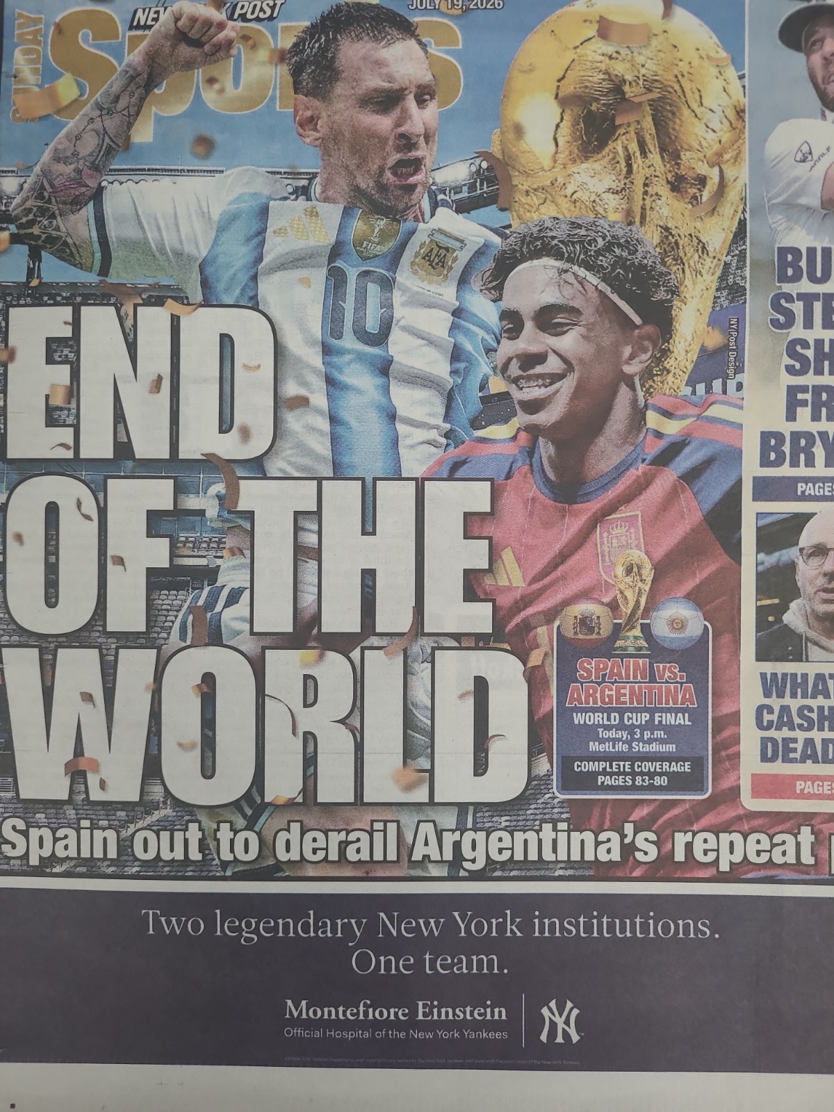 END OF WORLD SPAIN OUT TO DERAIL ARGENTINA MESSI REPEAT WIN NY POST 7/19 2026