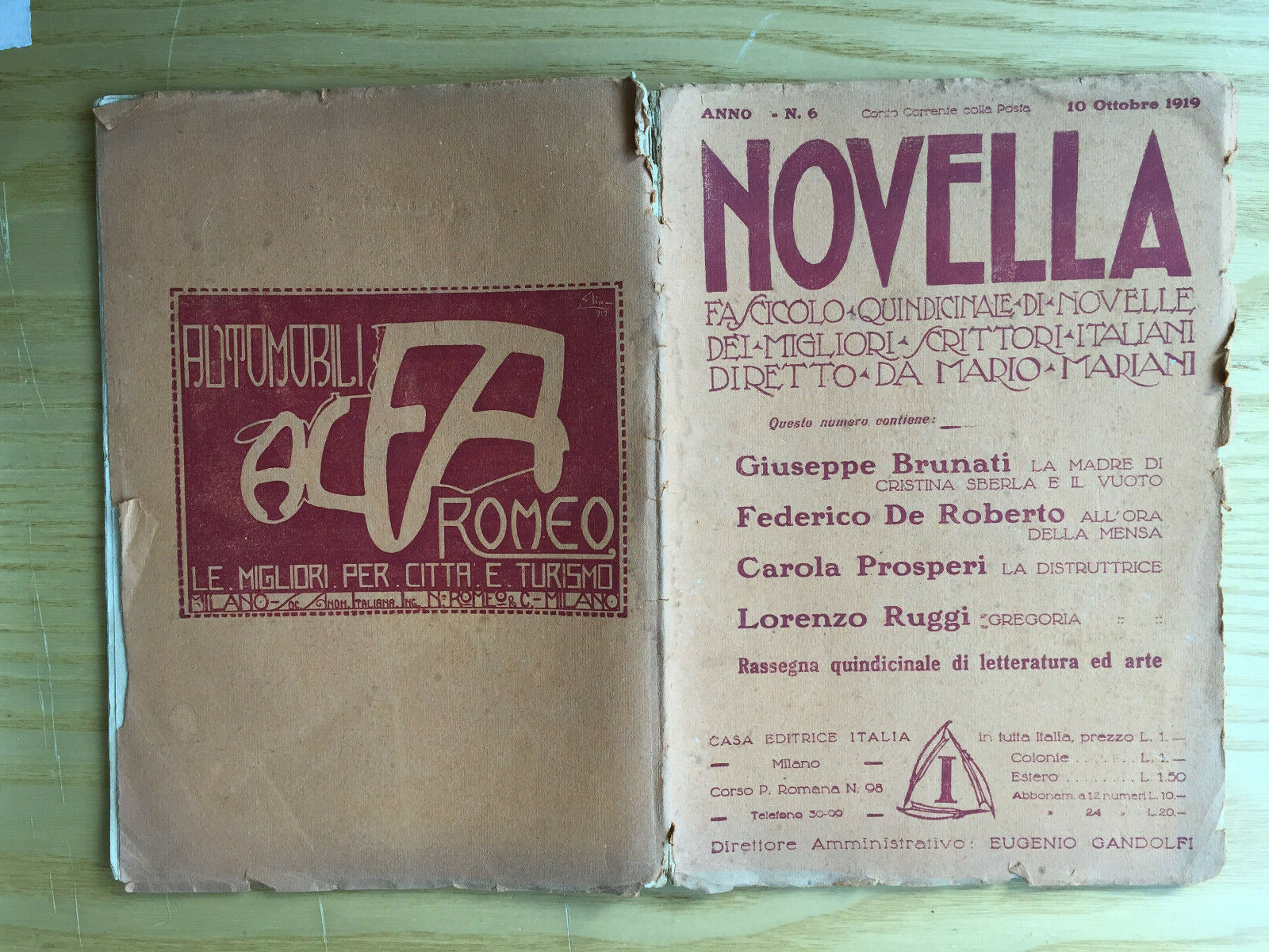 MONDADORI NOVELLA PERIODICAL ITALIAN WRITERS N° 6 1919 BRUNATI RUGGI PROSPERI