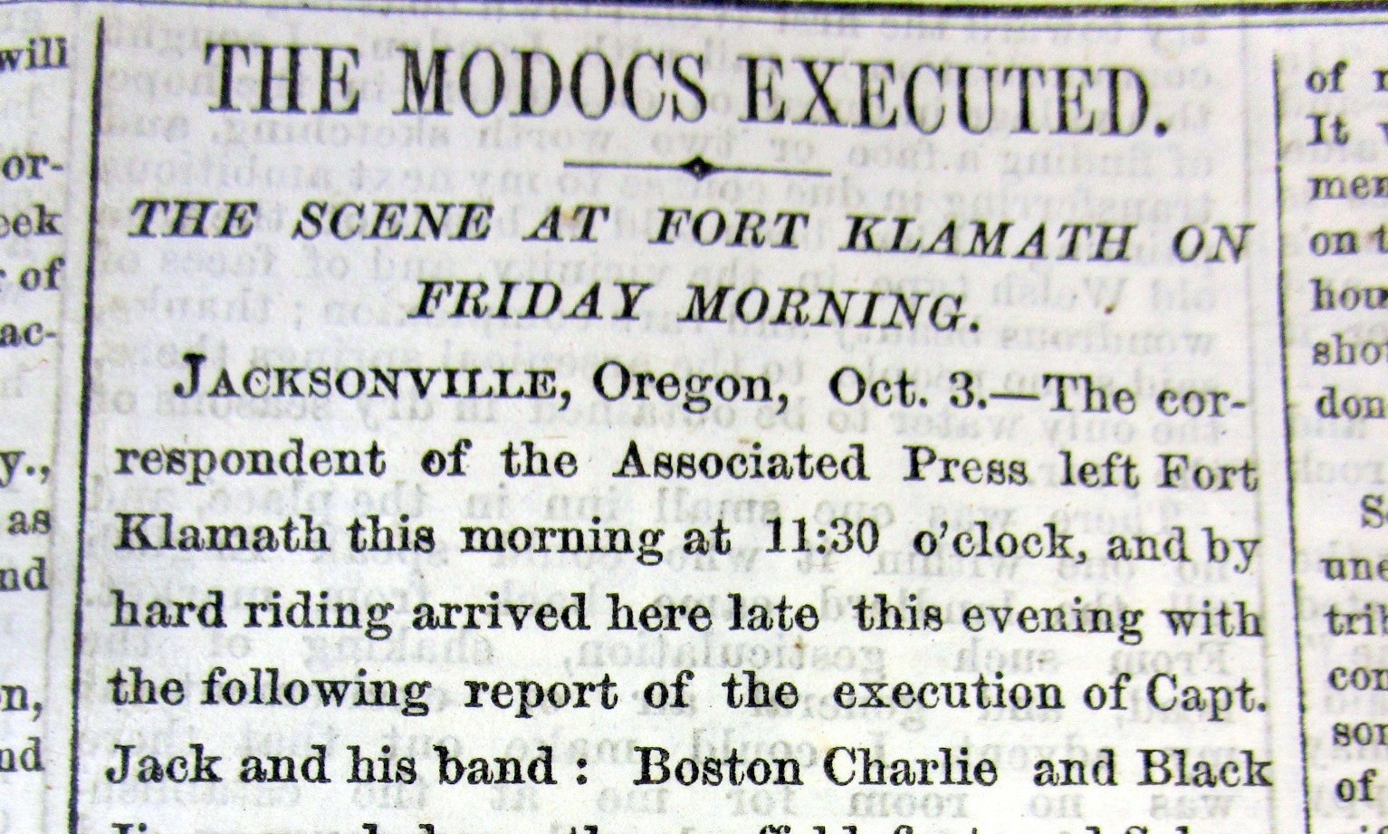1873 NY Times newspaper The MODOC INDIAN WAR ENDS with HANGING of the LEADERS