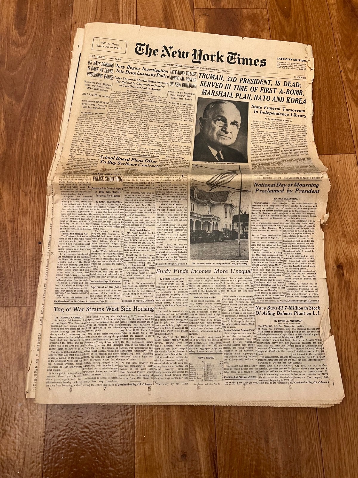 New York Times Paper December 27 1972 Late Edition Truman is Dead