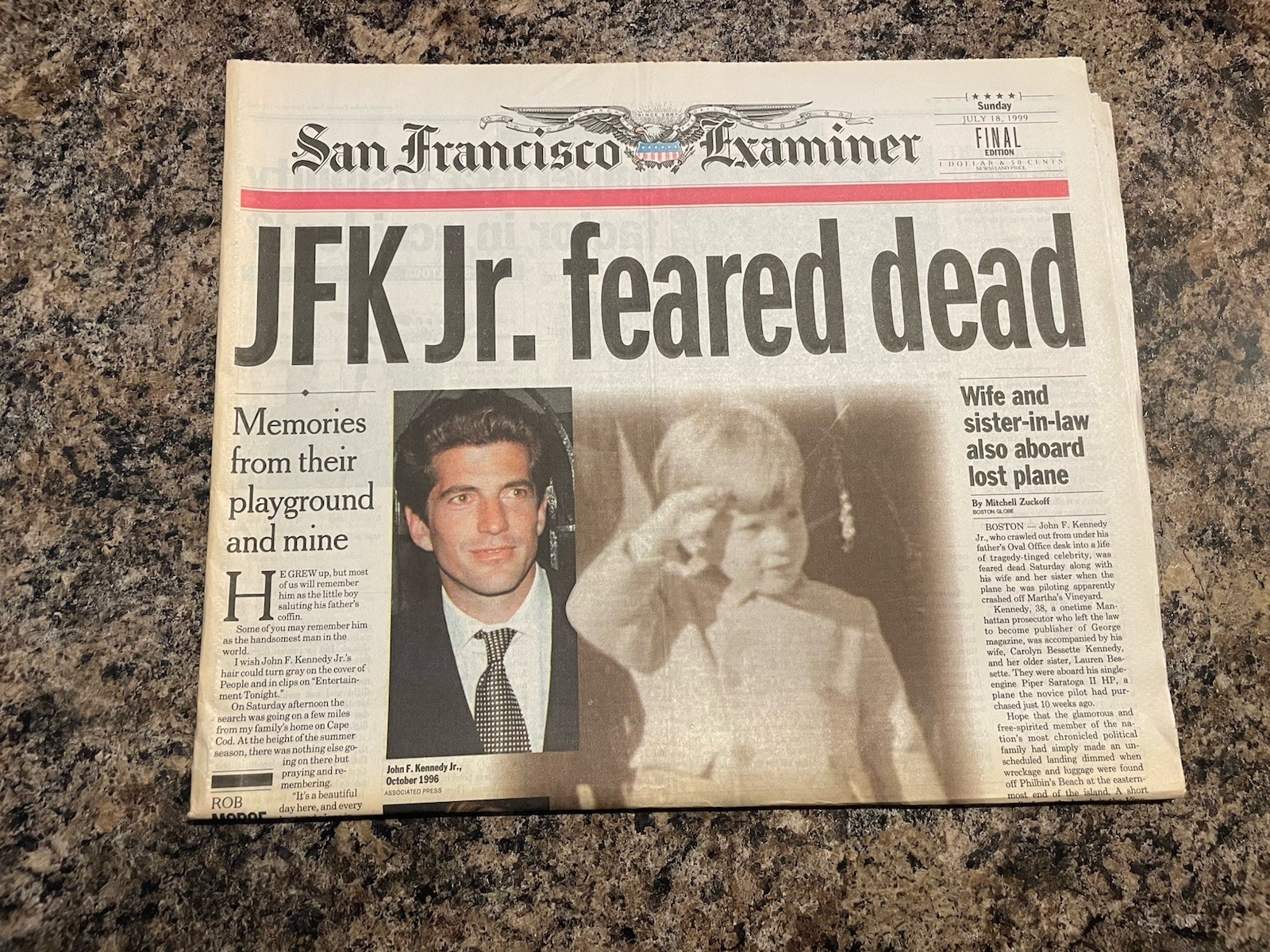 1999 JFK Jr. Plane Crash Newspaper San Francisco Examiner Front Section