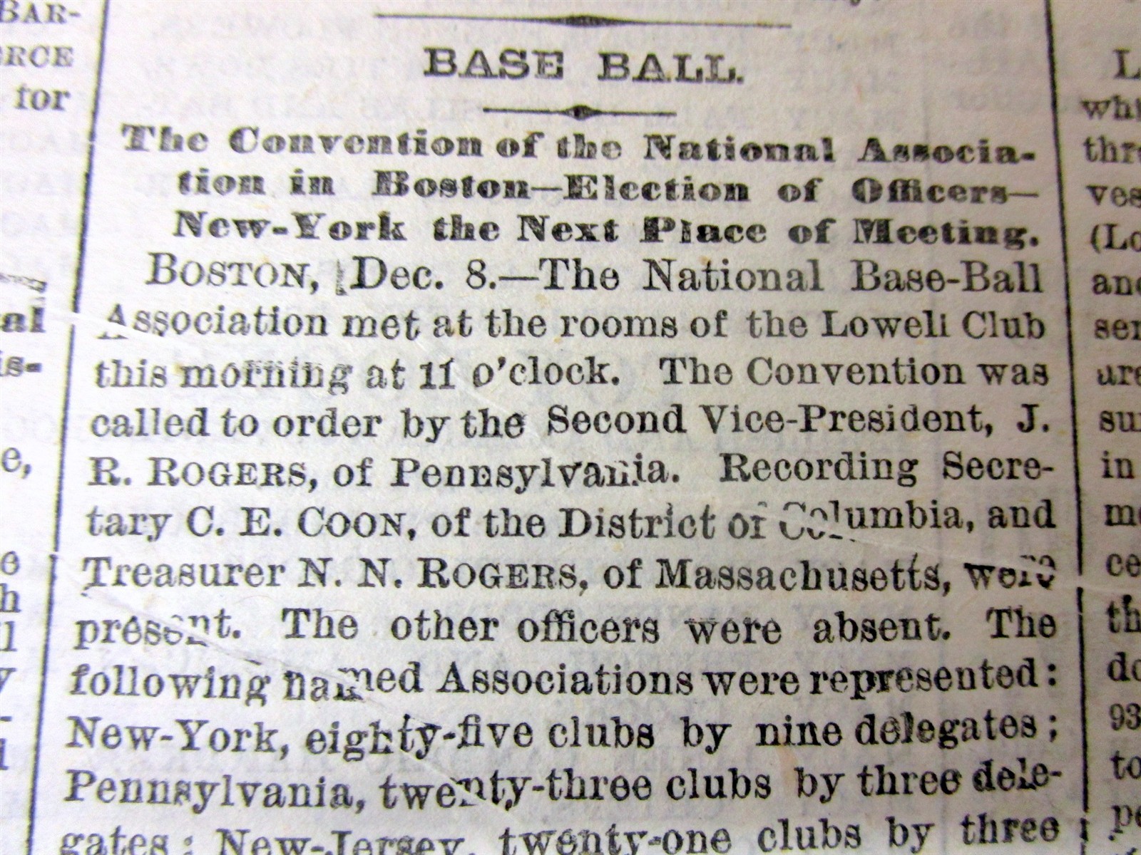 1869 NY Times newspaper w ORGANIZATION / FORMATION ofTHE 1st PRO BASEBALL LEAGUE