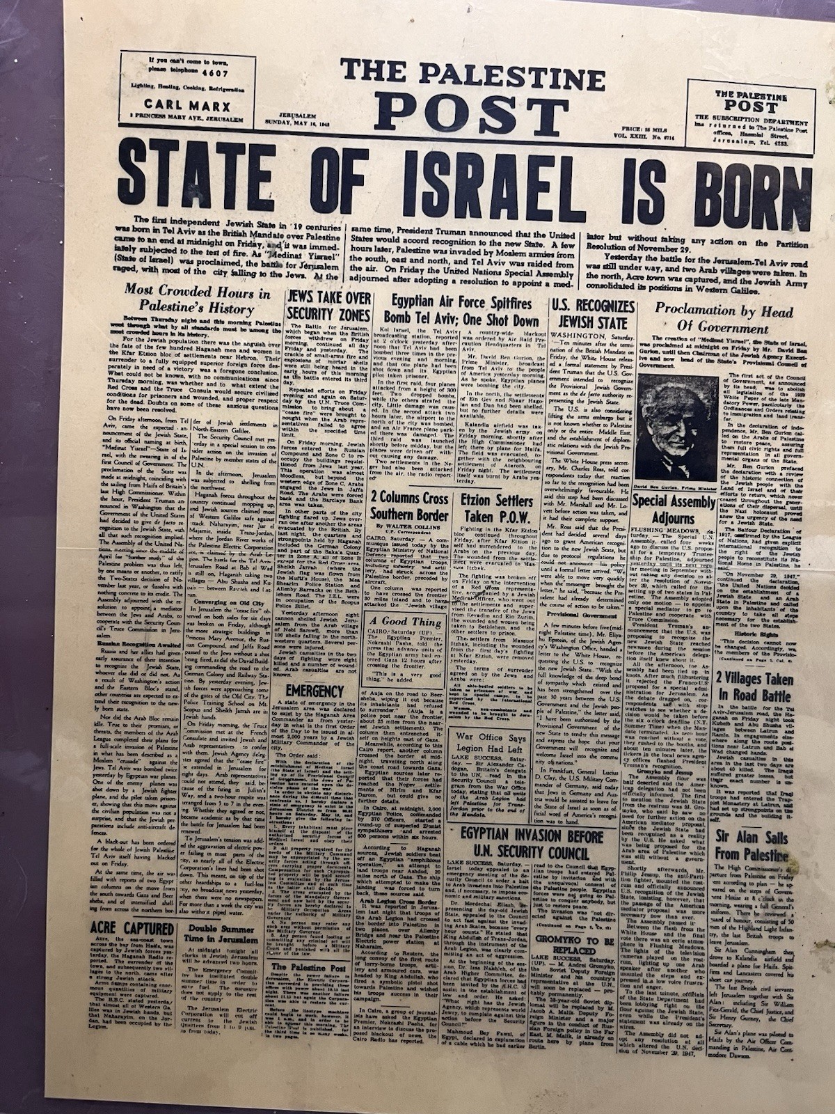 1948 Yom Haatzmaut REPRO PALESTINE POST THE STATE OF ISRAEL BORN POSTER 18″X24″