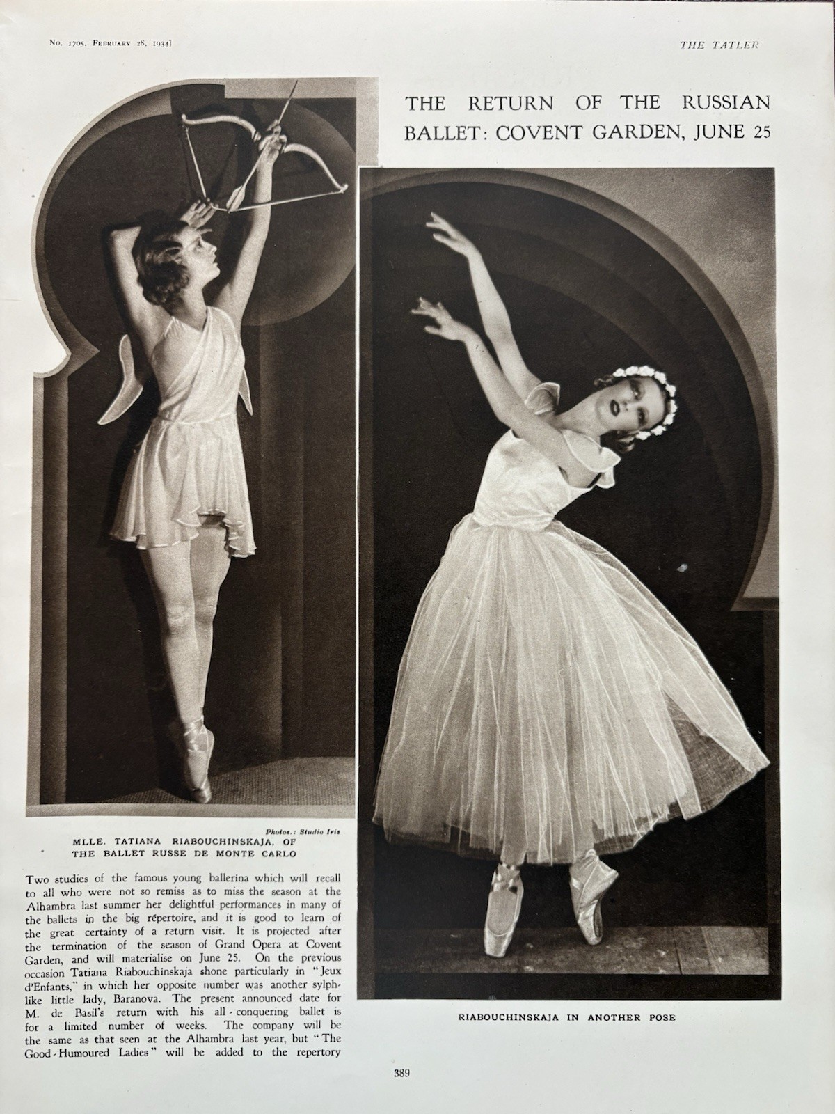 Russian Ballet Covent Garden Ballet Russe Monte Carlo Tania Riabouchinskaya 1934