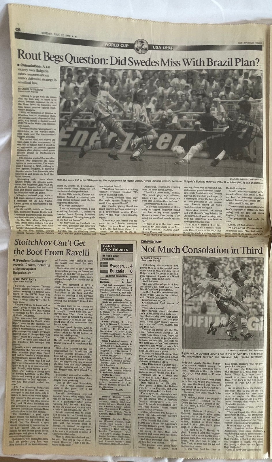 7/17/1994 World Cup Soccer *ITALY & BAGGIO* LA Times Sports Newspaper
