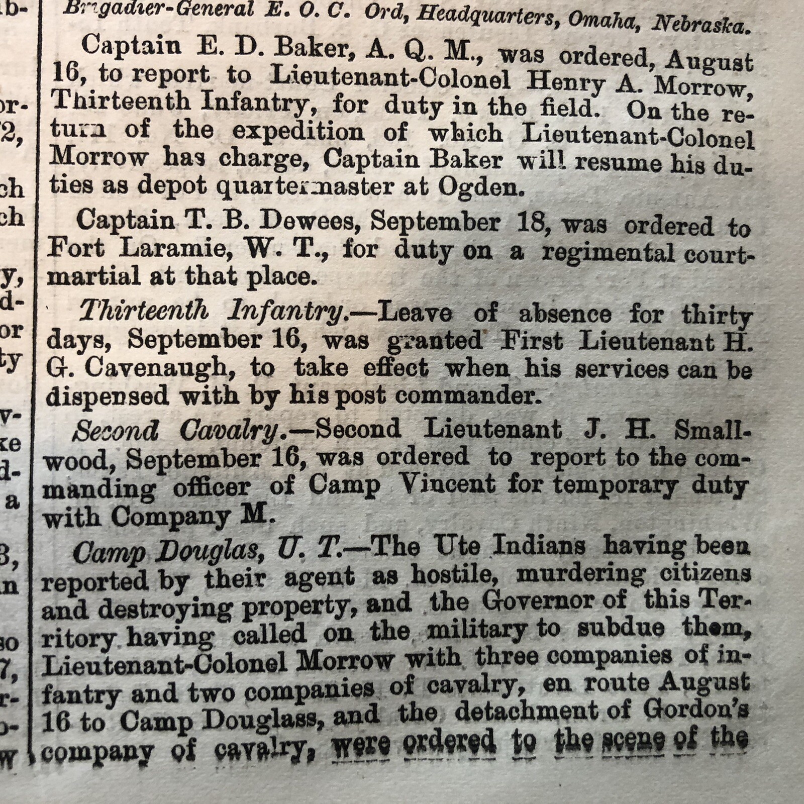 BEST 1872 newspaper UTE INDIANS AMBUSH Raid White Settlements near PROVO UTAH