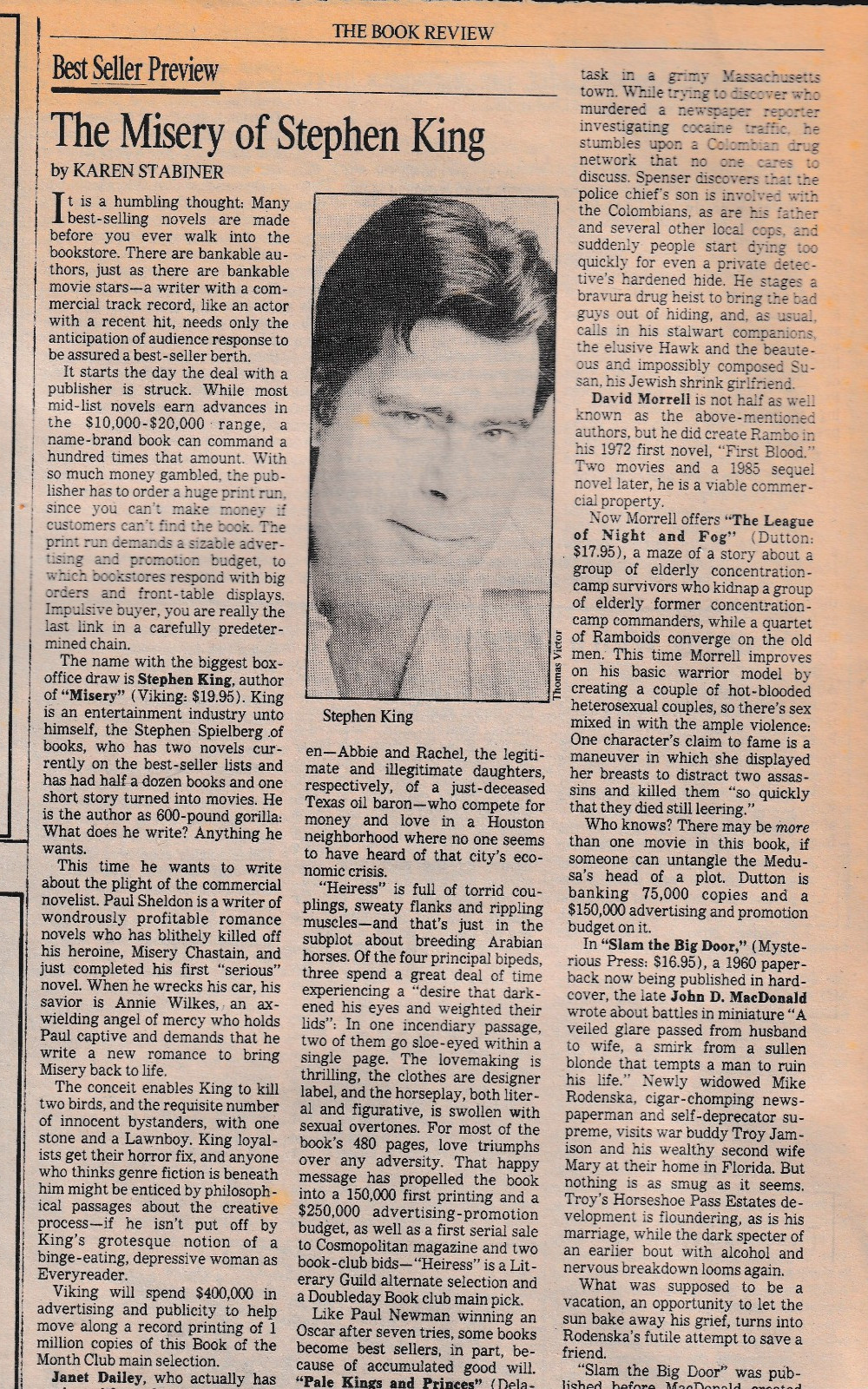 Review of STEPHEN KING book MISERY in L.A. TIMES BOOK REVIEW May 10, 1987.