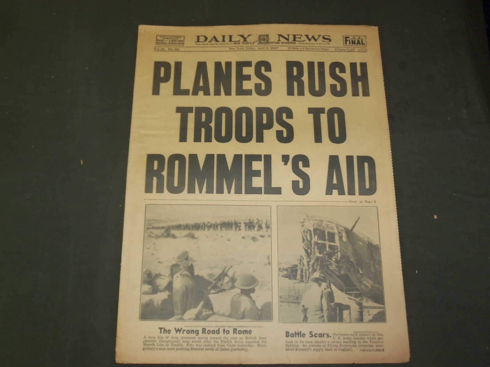 1943 APRIL 2 NEW YORK DAILY NEWS – PLANES RUSH TROOPS TO ROMMEL’S AID – NP 4321