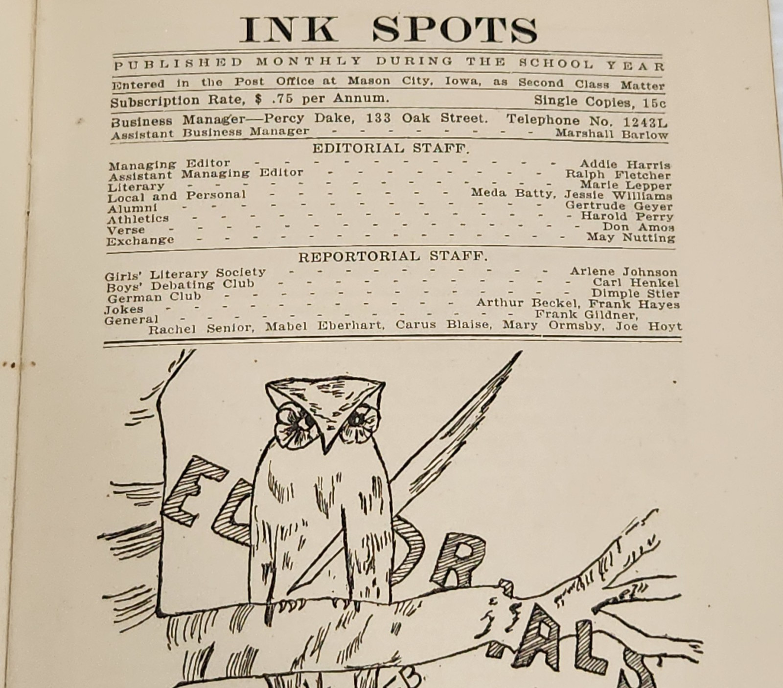 Vintage Feb 1912 Ink Spots Mason City Iowa High School Student Newspaper Ads