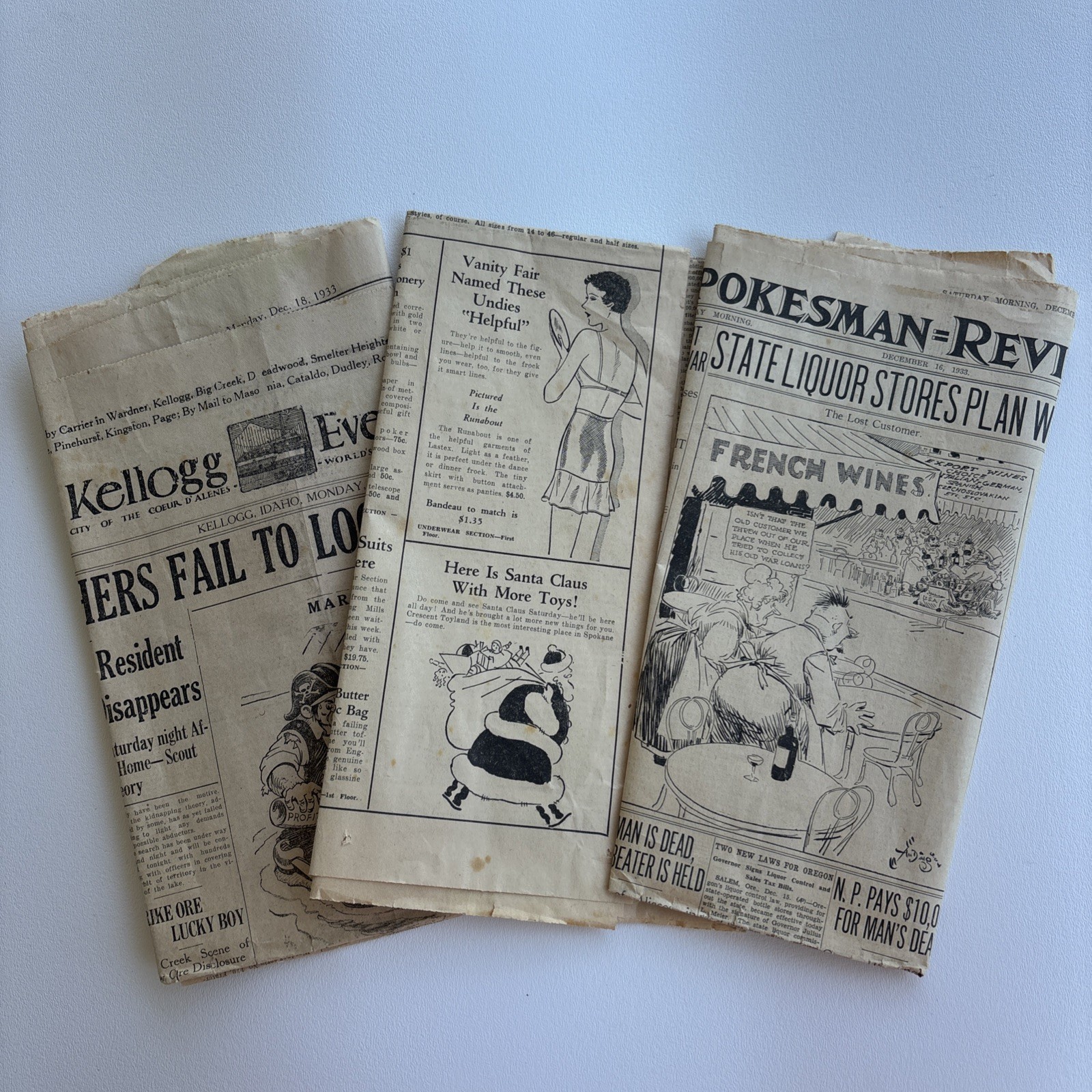 VTG Newspapers 1933 Spokane WA Kellogg ID Ads Photos Set Of 3 Post Prohibition
