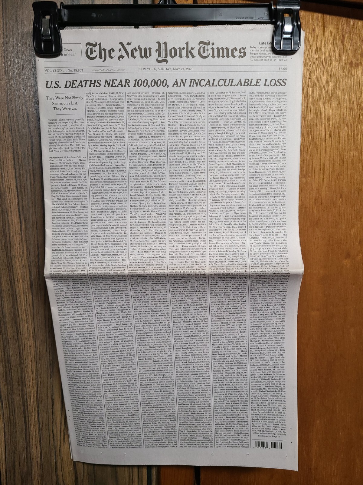 New York Times Newspaper Sunday May24 2020 US Death Near 100,000 Late Edition