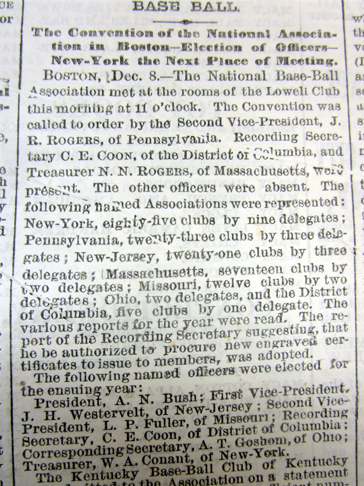 1869 NY Times newspaper w ORGANIZATION / FORMATION ofTHE 1st PRO BASEBALL LEAGUE