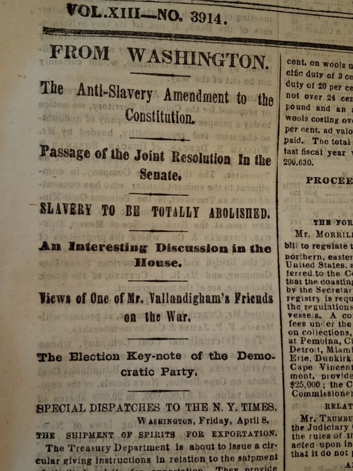 Civil War Newspapers- SENATE PASSES ANTI SLAVERY AMENDMENT, TO THE CONSTITUTION