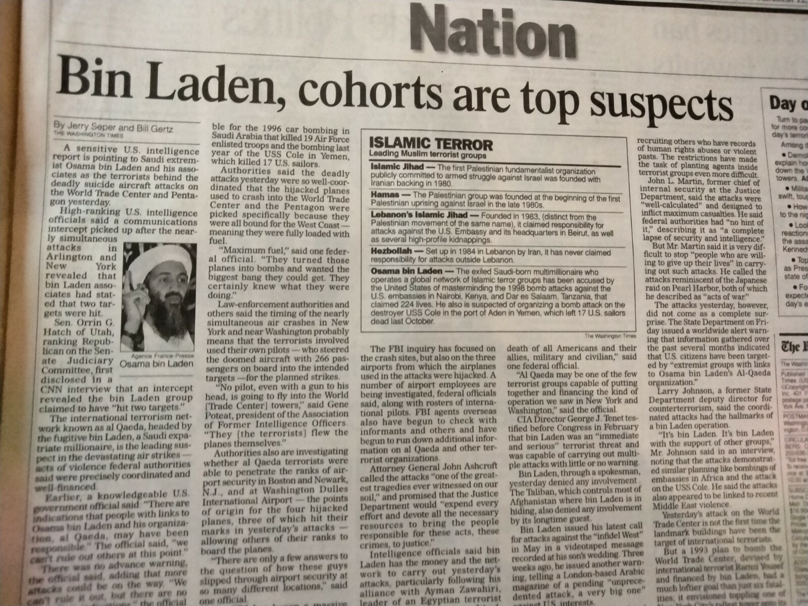 Newspapers- 9/11-INFAMY, HIJACKED PLANES CRASH INTO WORLD TRADE CENTER, PENTAGON