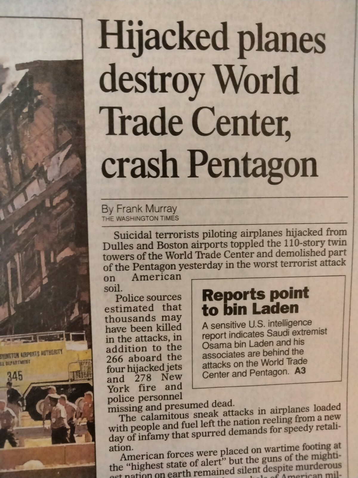 Newspapers- 9/11-INFAMY, HIJACKED PLANES CRASH INTO WORLD TRADE CENTER, PENTAGON