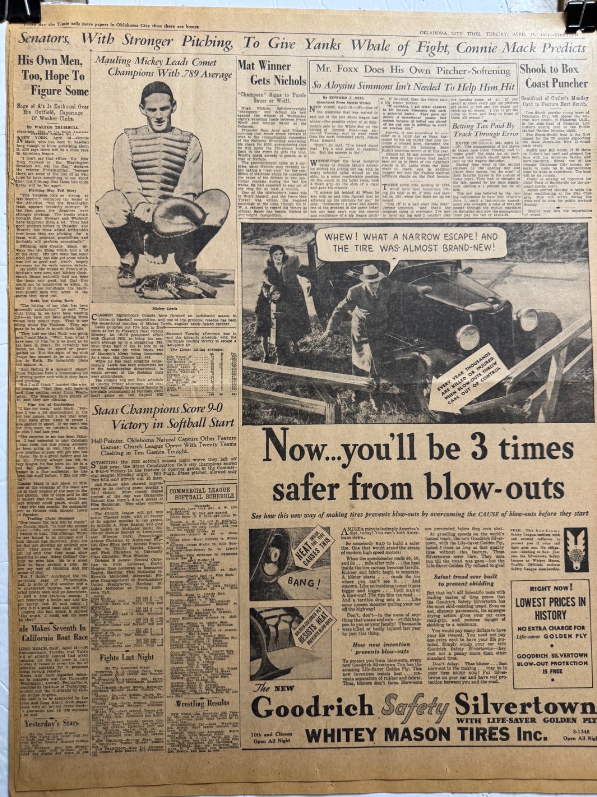 1933 CLASSEN HIGHSCHOOL OKLA. CITY MICKEY LEWIS BASEBALL PLAYER NEWSPAPER PAGE