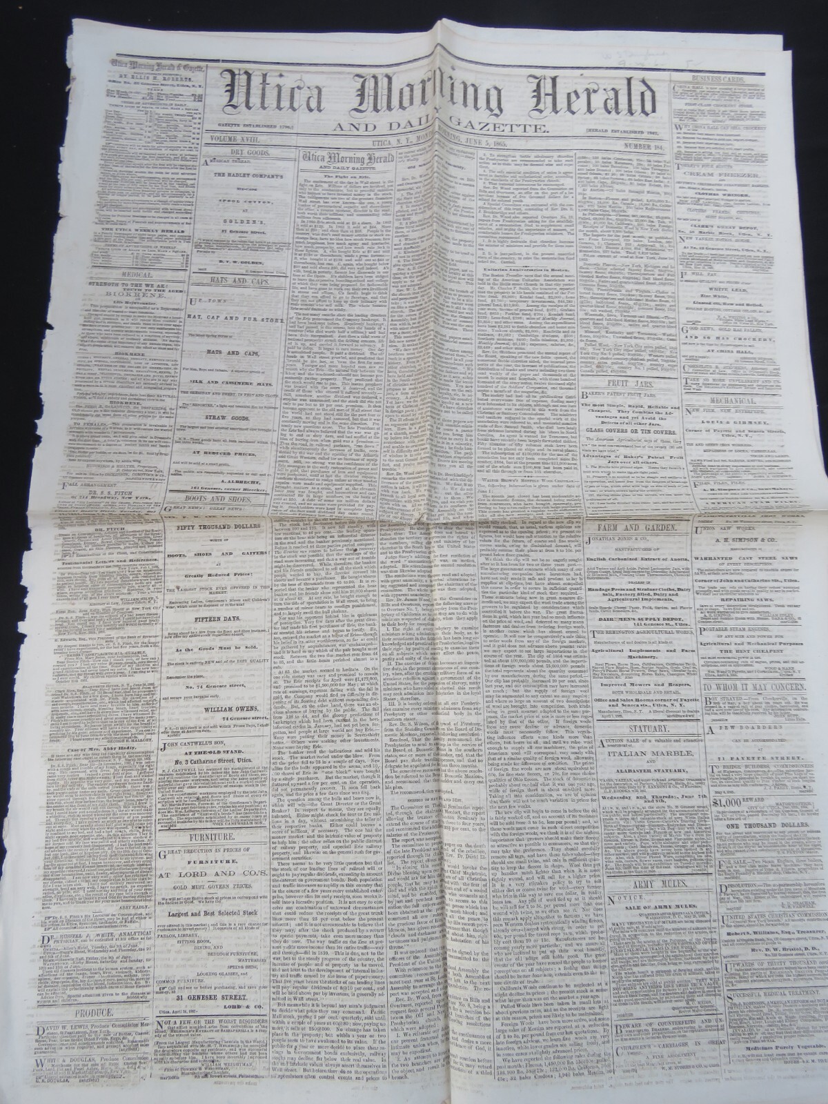 June 5, 1865 Utica NY Morning Herald Newspaper, Civil War Era, Great Ads