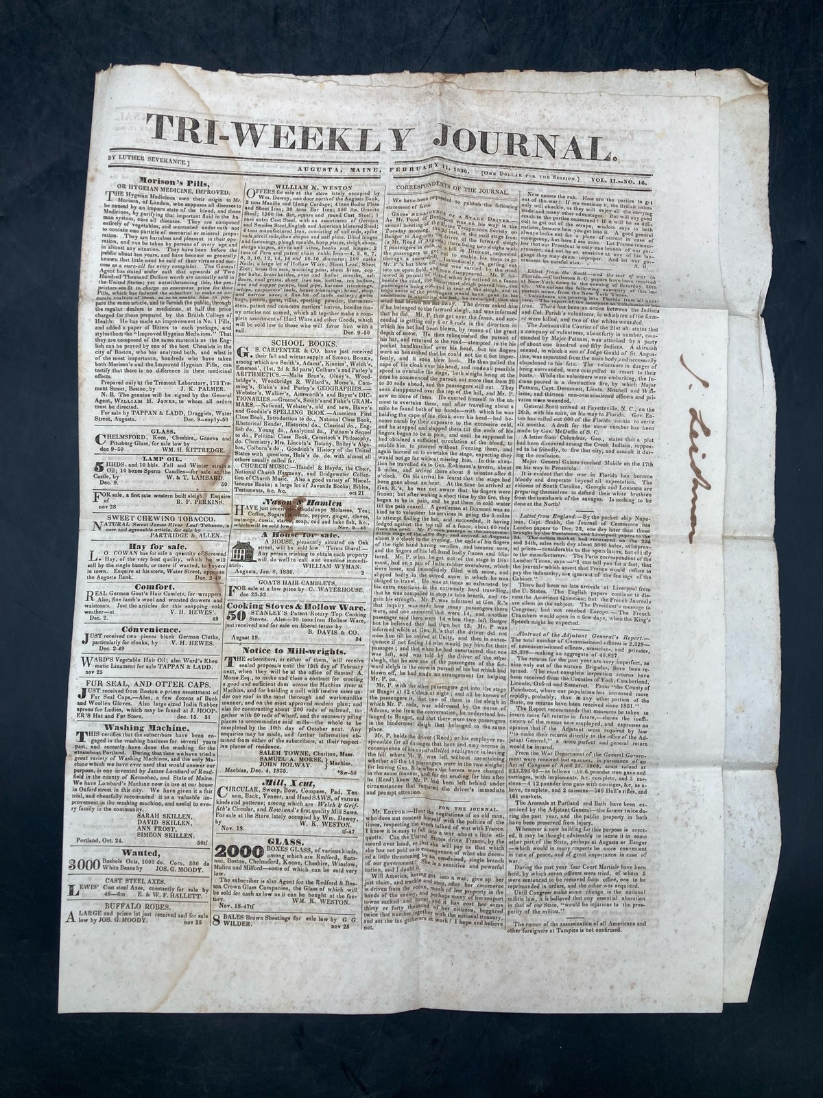 Antique Signed February 11 1836 Augusta Maine Tri Weekly Journal